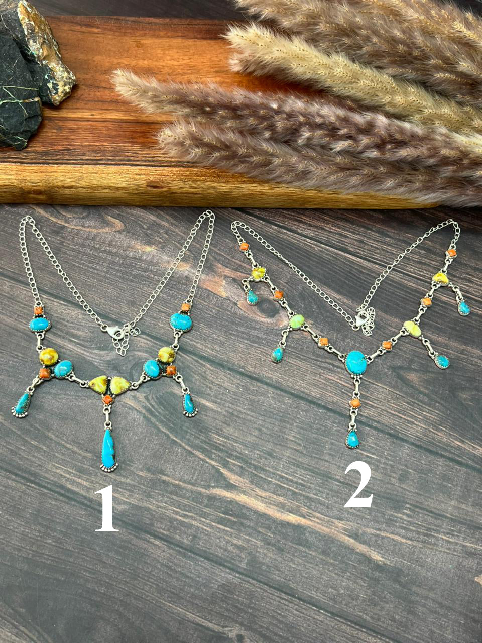 Handmade Sterling Silver Multi Stone Collection: Palomino with Orange Mojave and Arizona Blue Turquoise Necklace "Signed Nizhoni"