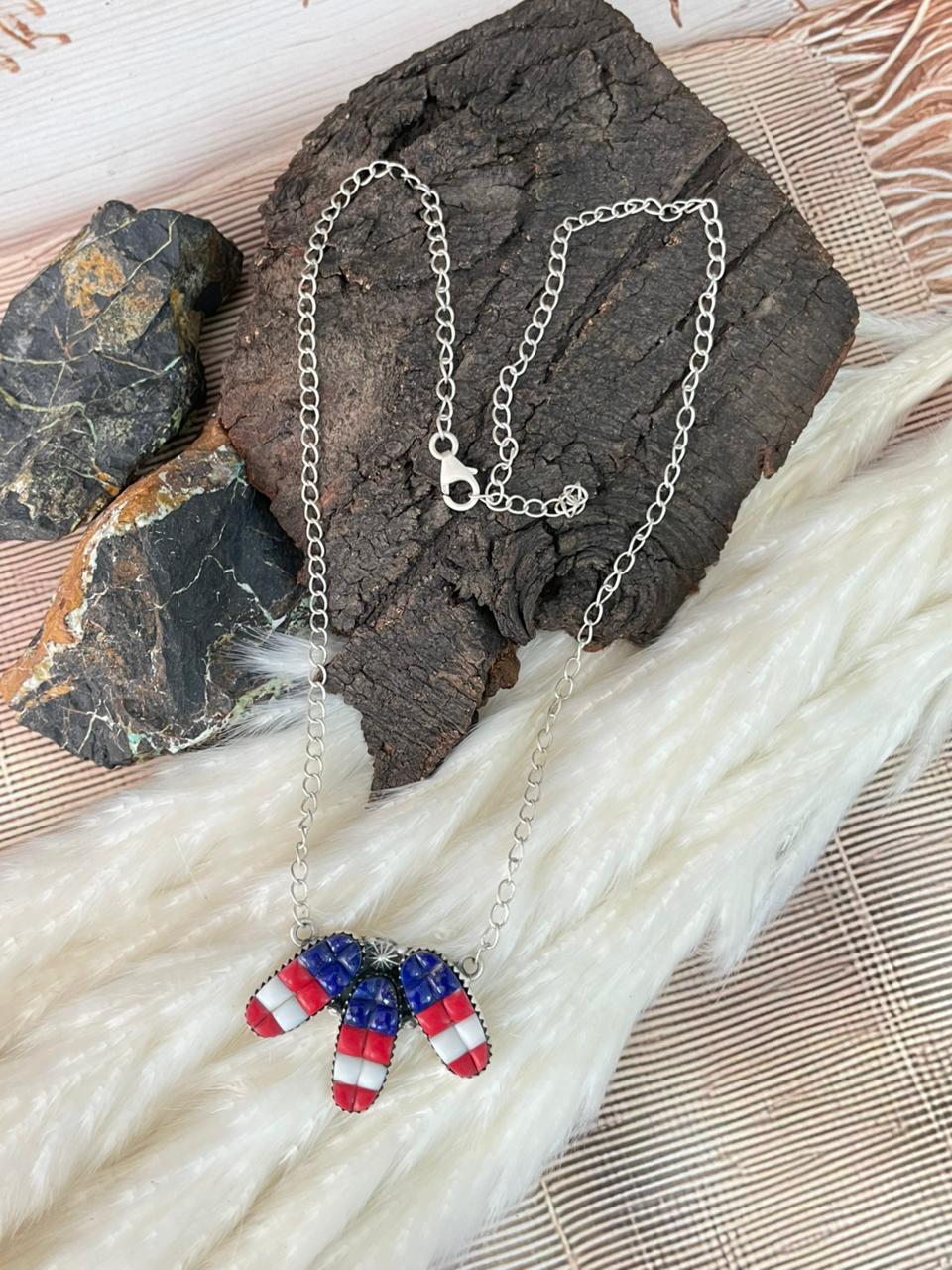 Handmade Sterling Silver 4th Of July Collection: Rosarita with Lapis and White Buffalo Necklace "Signed Nizhoni"