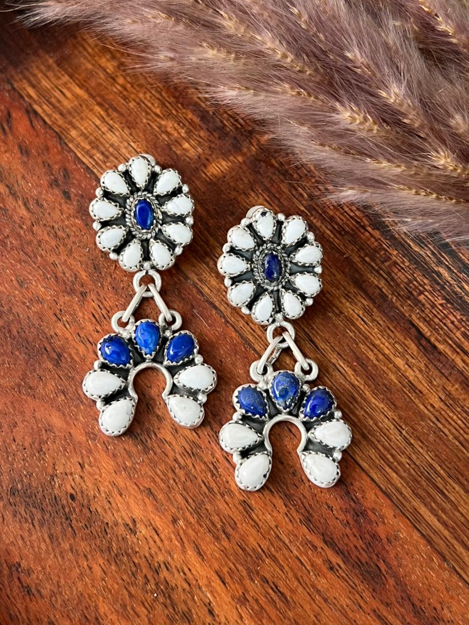 Handmade Sterling Silver White Buffalo with Lapis Post Dangle Earrings "Signed Nizhoni"