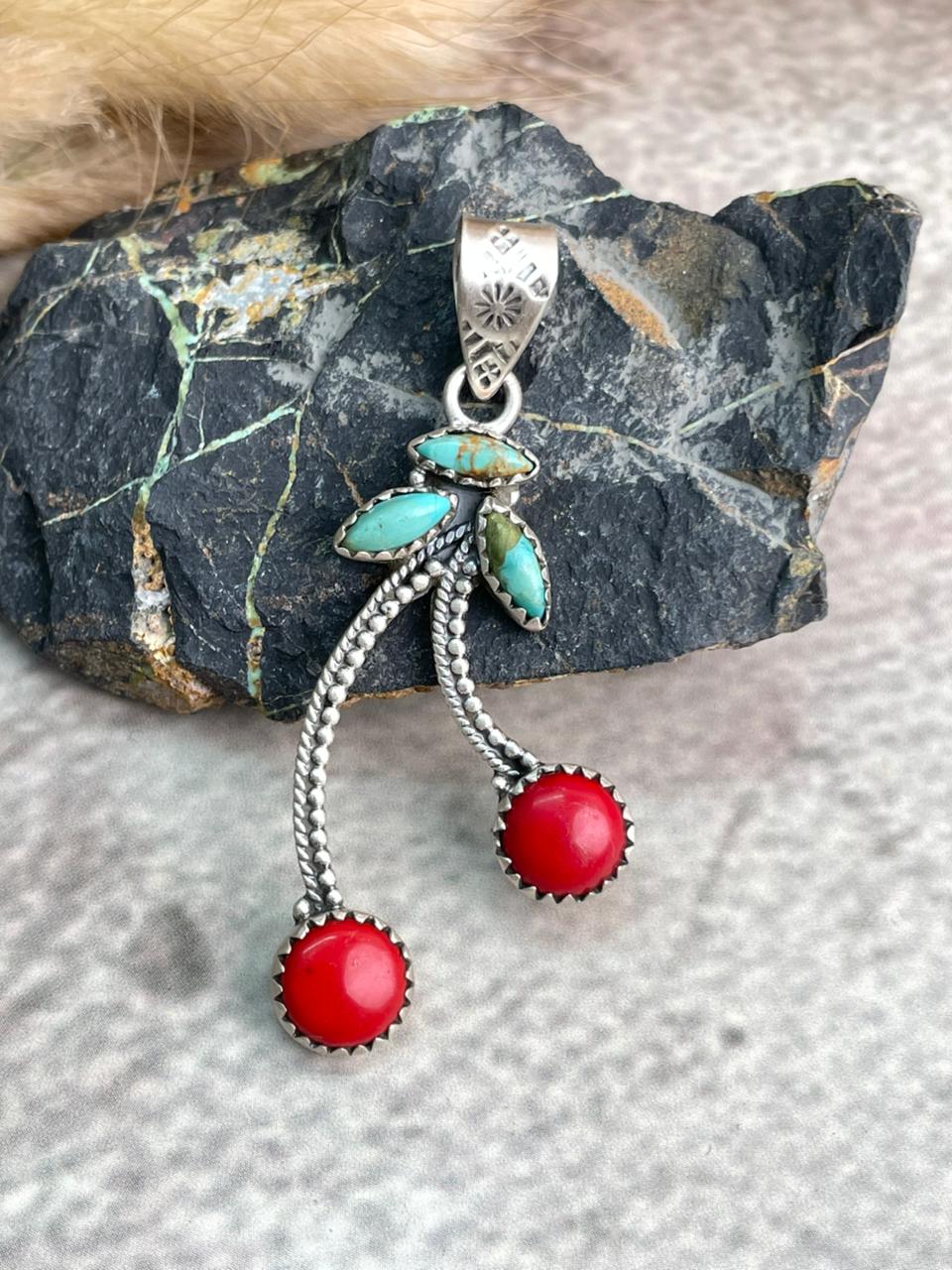Handmade Sterling Silver Rosarita with Kingman Turquoise Cherry Pendant "Signed Nizhoni"