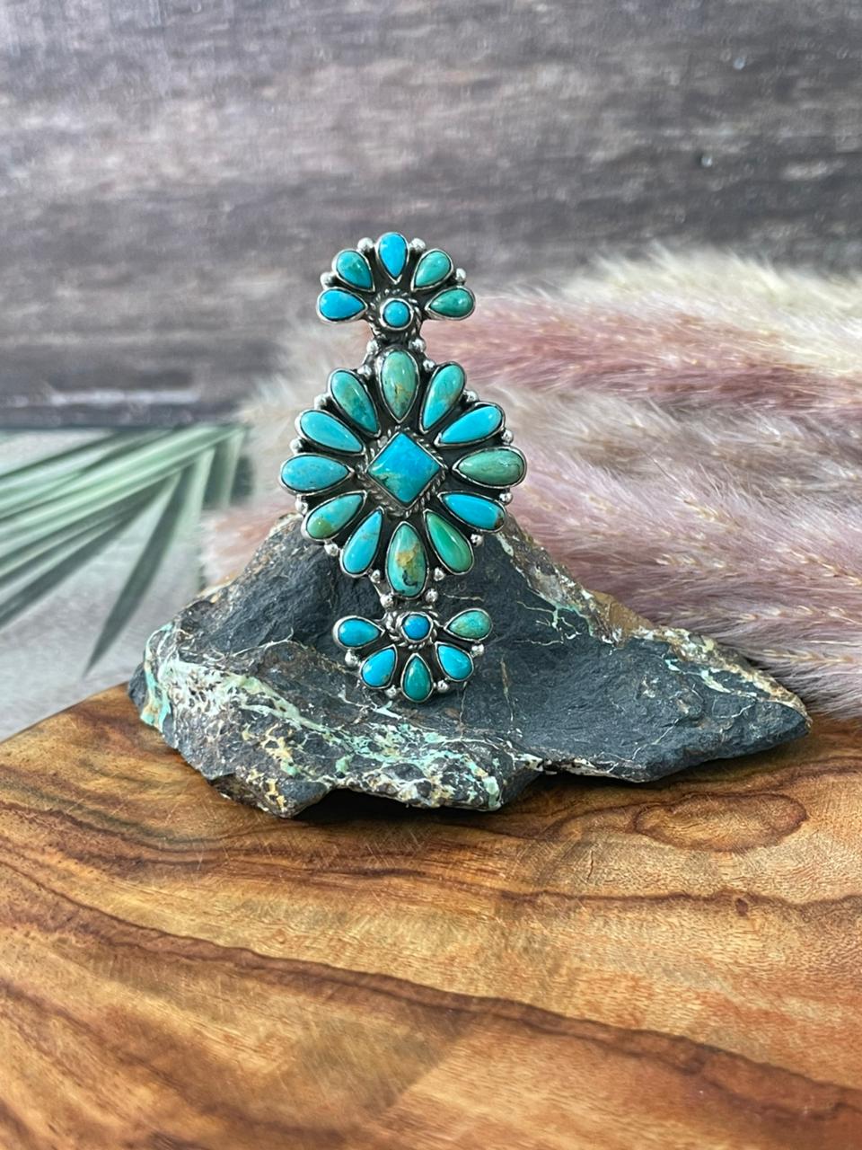 Handmade Sterling Silver Kingman Turquoise Adjustable Ring "Signed Nizhoni"