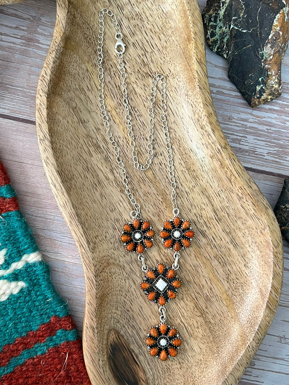 Handmade Sterling Silver White Buffalo with Orange Mojave Necklace "Signed Nizhoni"