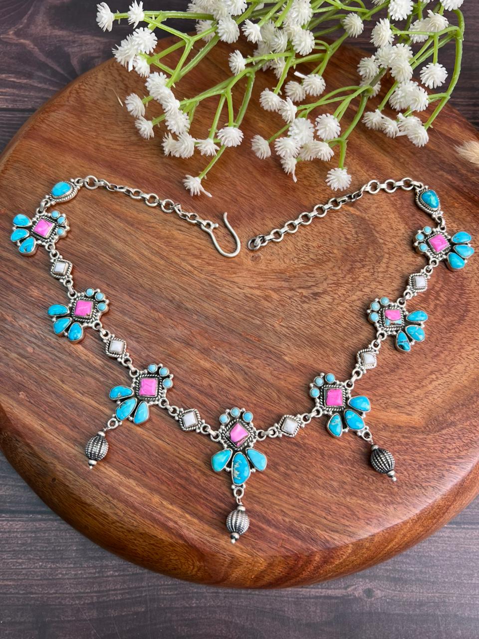 Handmade Sterling Silver Sierra Bella Turquoise with Cotton Candy Collection: Beaded Necklace "Signed Nizhoni"