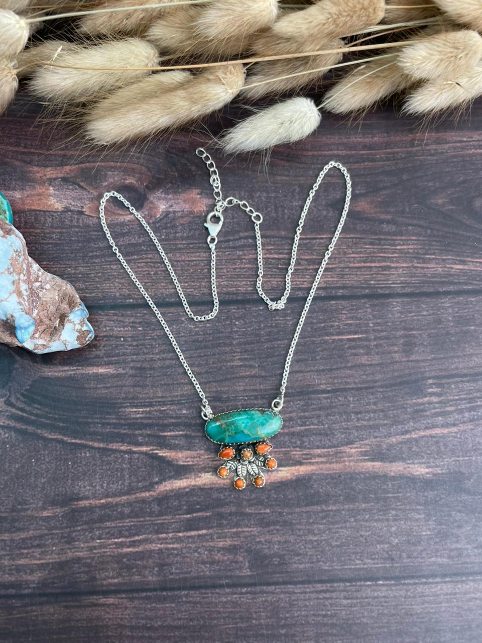 Handmade Sterling Silver Kingman Turquoise with Orange Mojave Necklace "Signed Nizhoni"