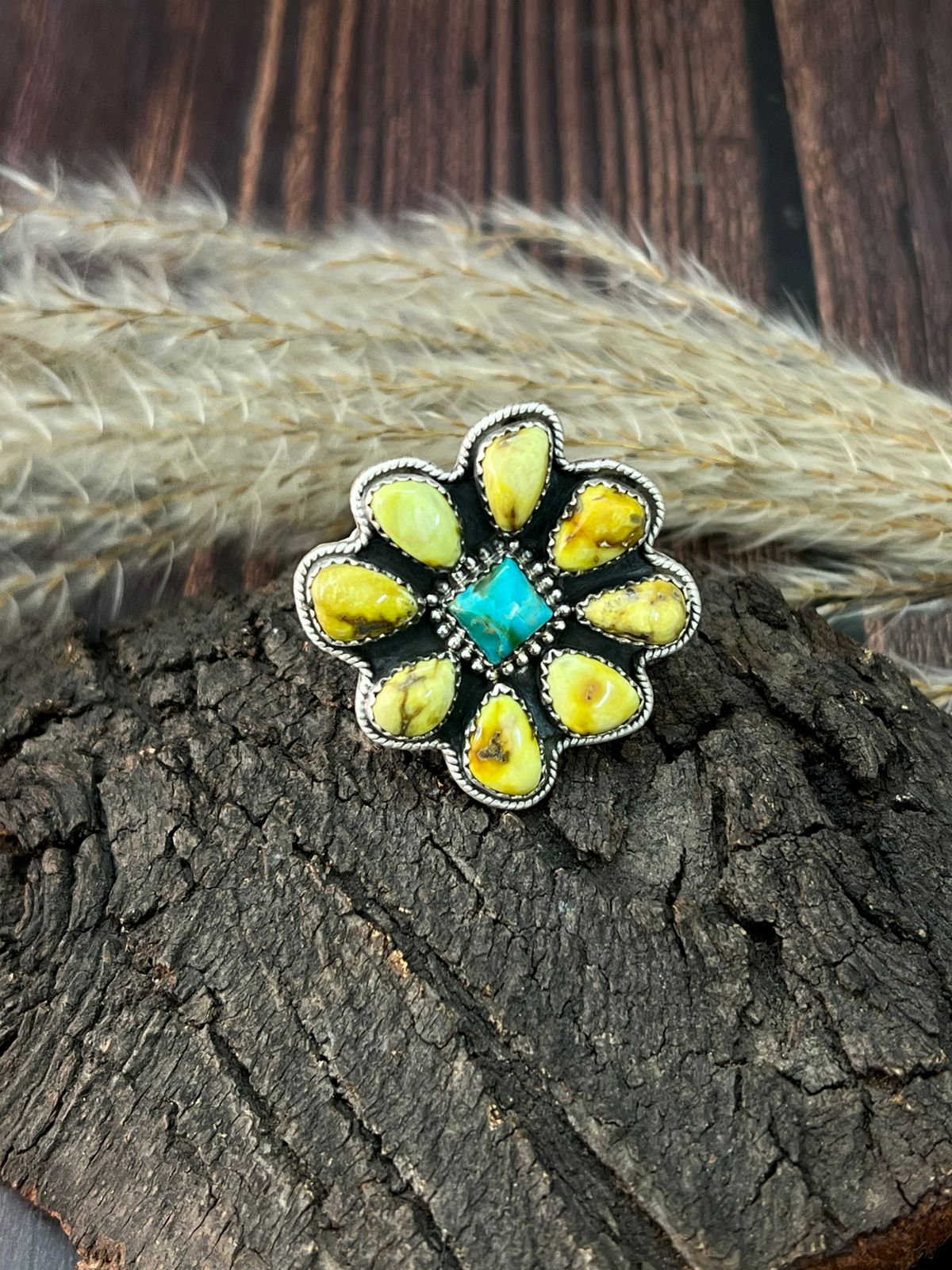 Handmade Sterling Silver Palomino with Kingman Turquoise Adjustable Ring "Signed Nizhoni"