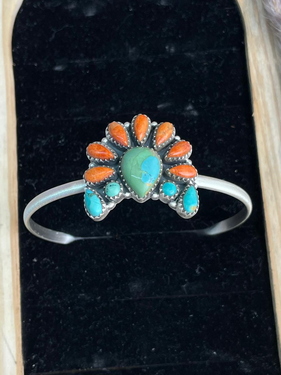 Handmade Sterling Silver Kingman Turquoise with Orange Mojave Cuff Bracelet "Signed Nizhoni"