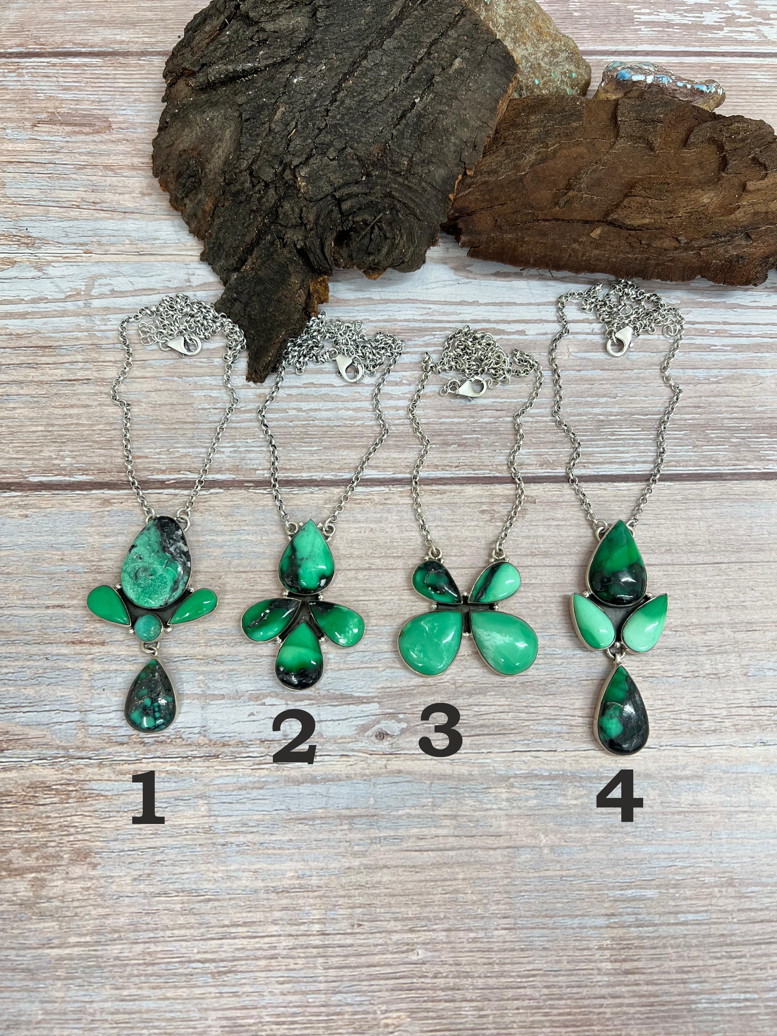 Handmade Sterling Silver Emerald Rose Necklace with Signed Nizhoni