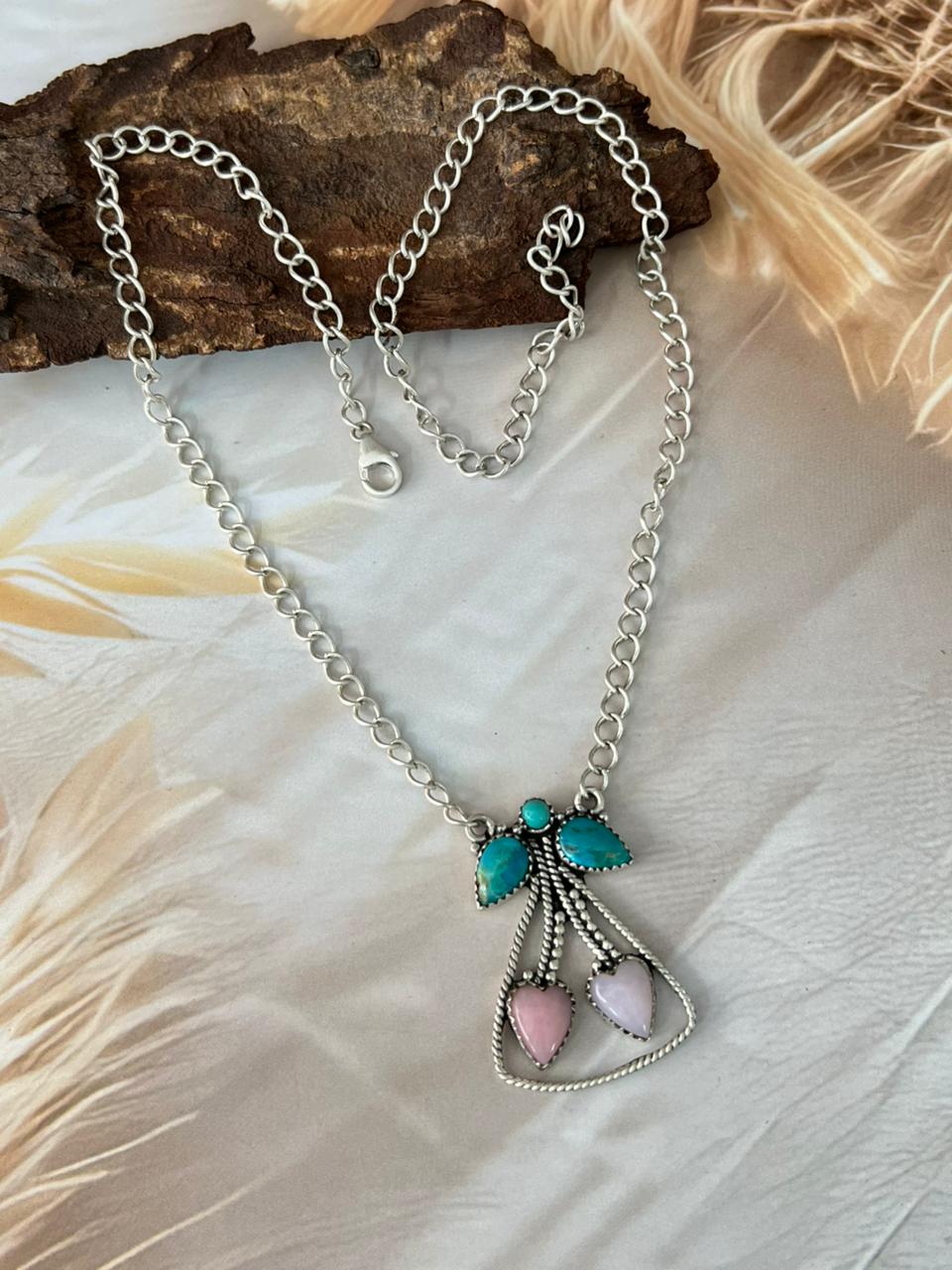 Handmade Sterling Silver Pink Opal with Kingman Turquoise Cherry Necklace "Signed Nizhoni"
