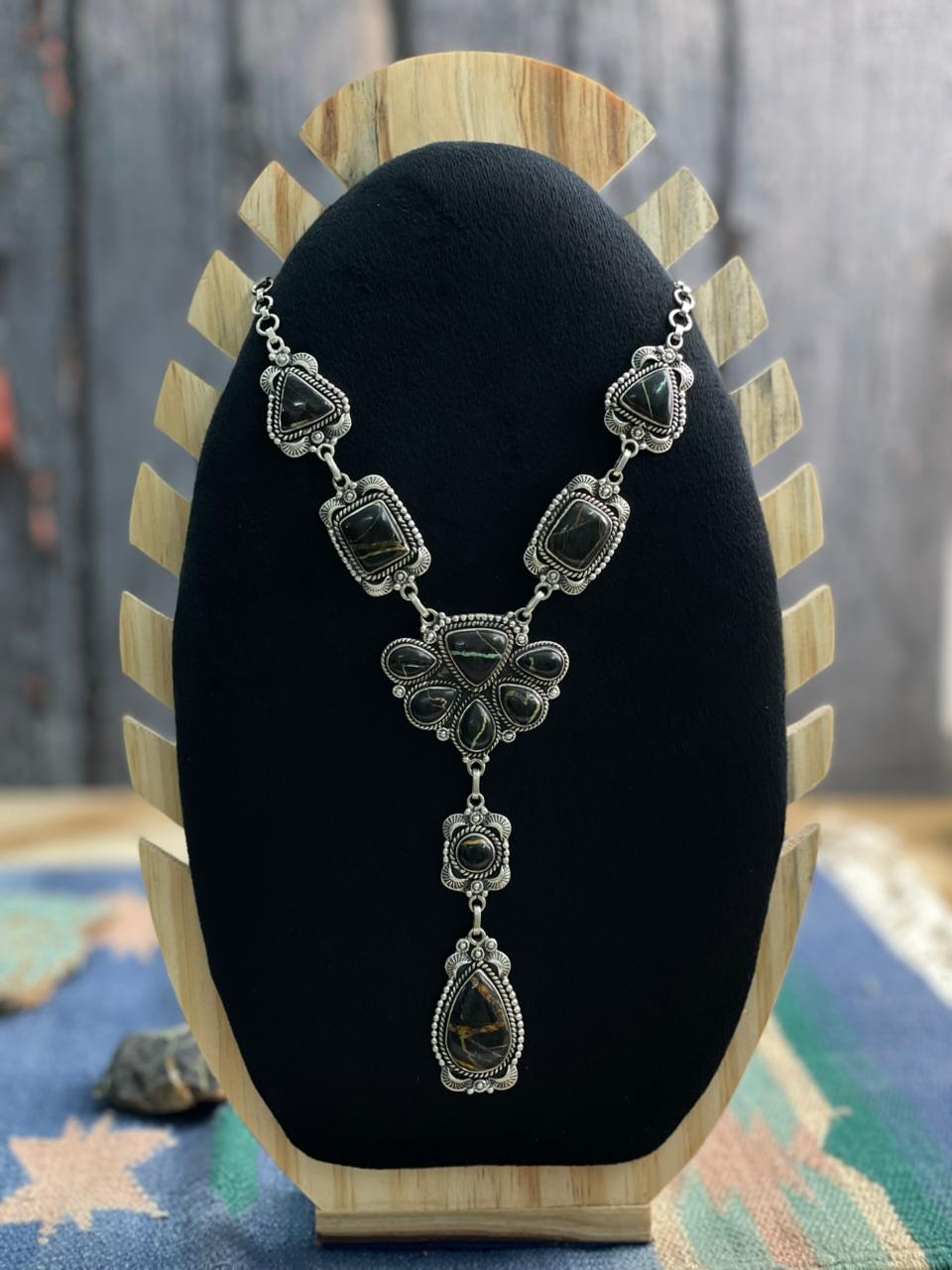 Handmade Sterling Silver Blackjack Turquoise Necklace "Signed Nizhoni"