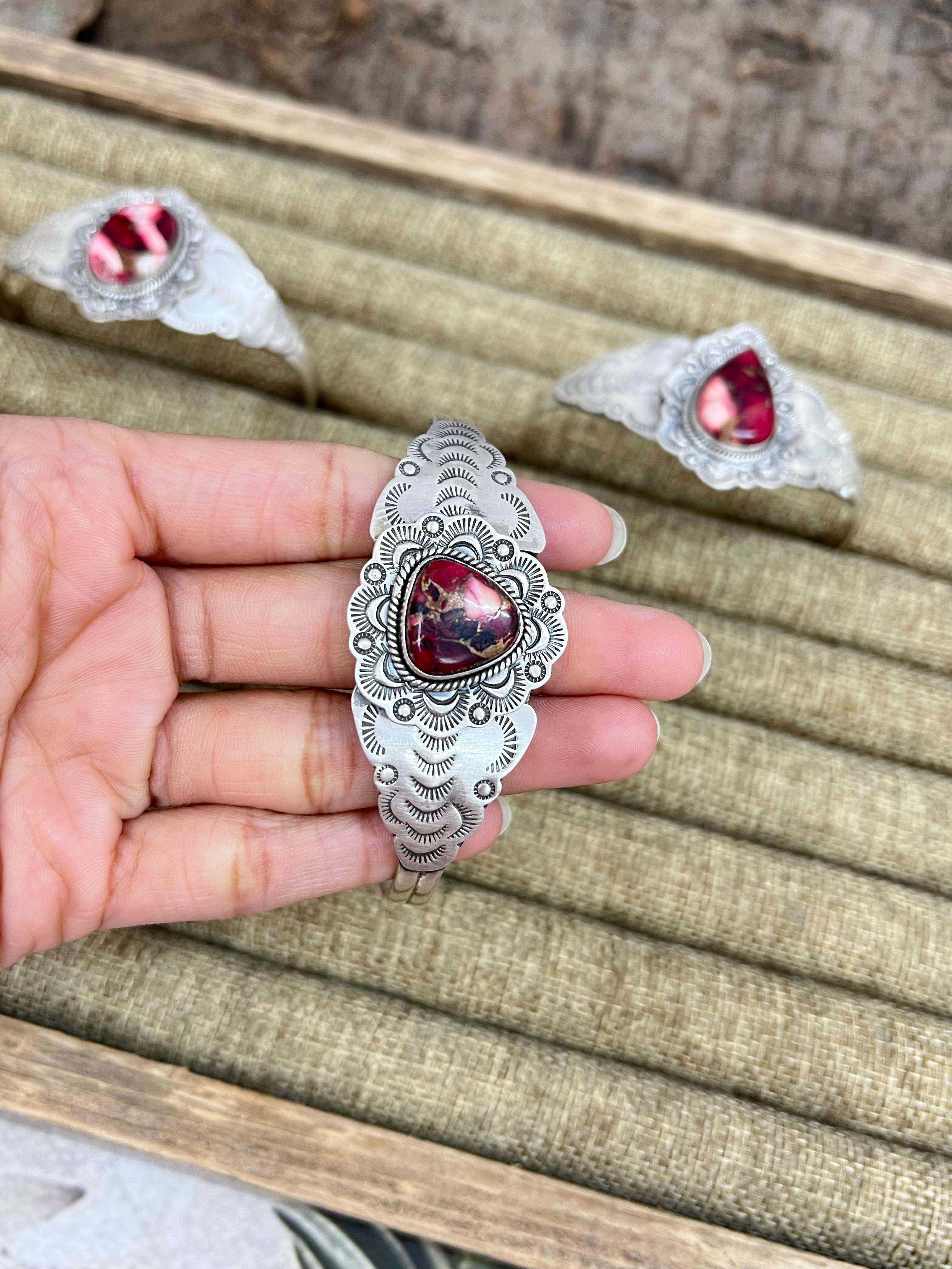 Handmade Sterling Silver Dahlia Rose Cuff Bracelet with Signed Nizhoni