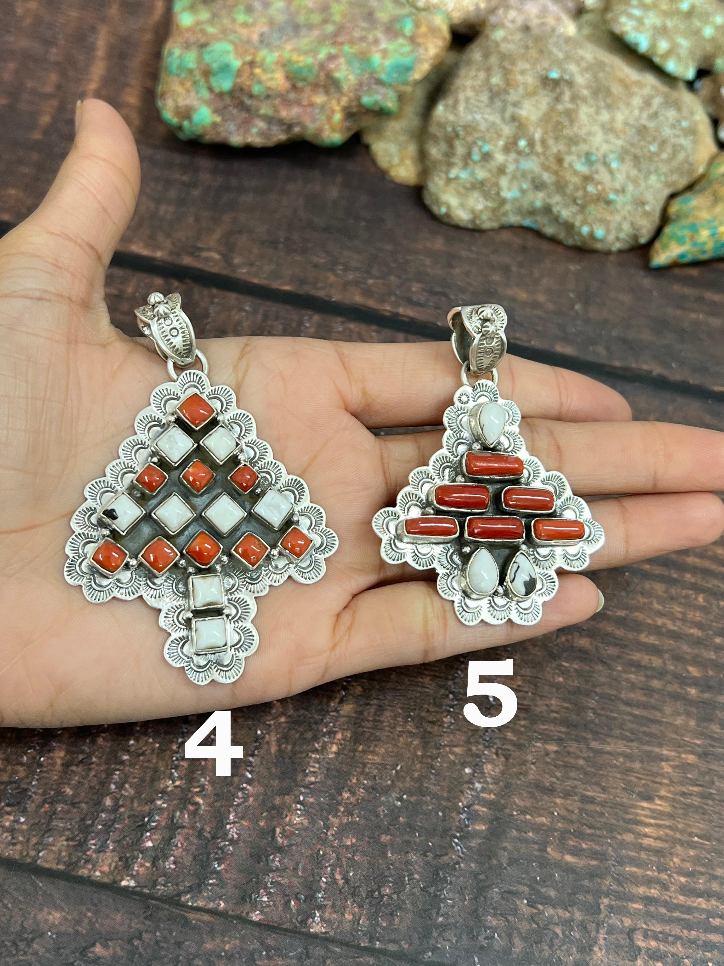 Handmade Sterling Silver Coral with White Buffalo Turquoise Pendant, Signed Nizhoni