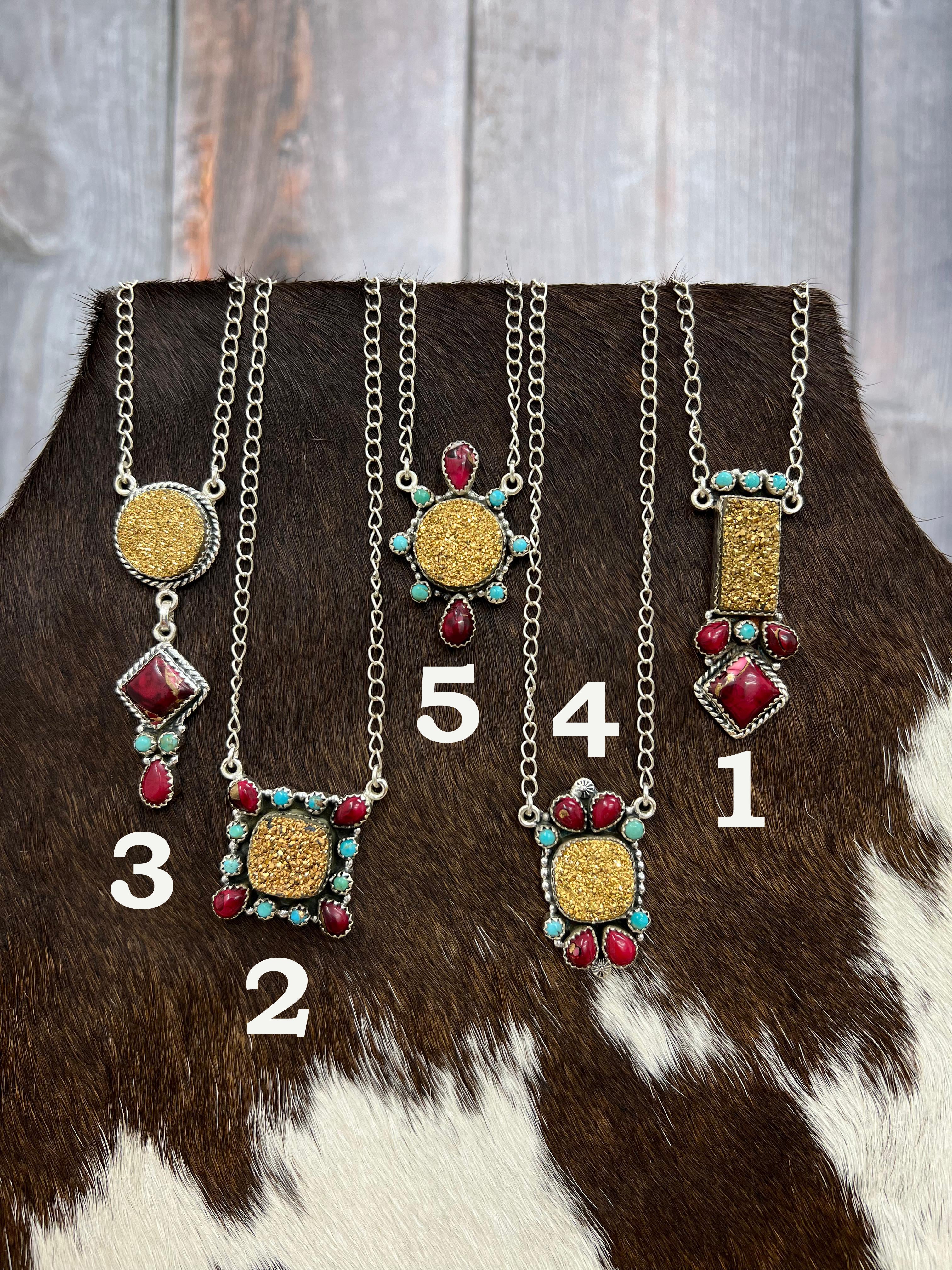 Handmade Sterling Silver Dahlia Rose with Druzy & Kingman Necklace, Signed Nizhoni