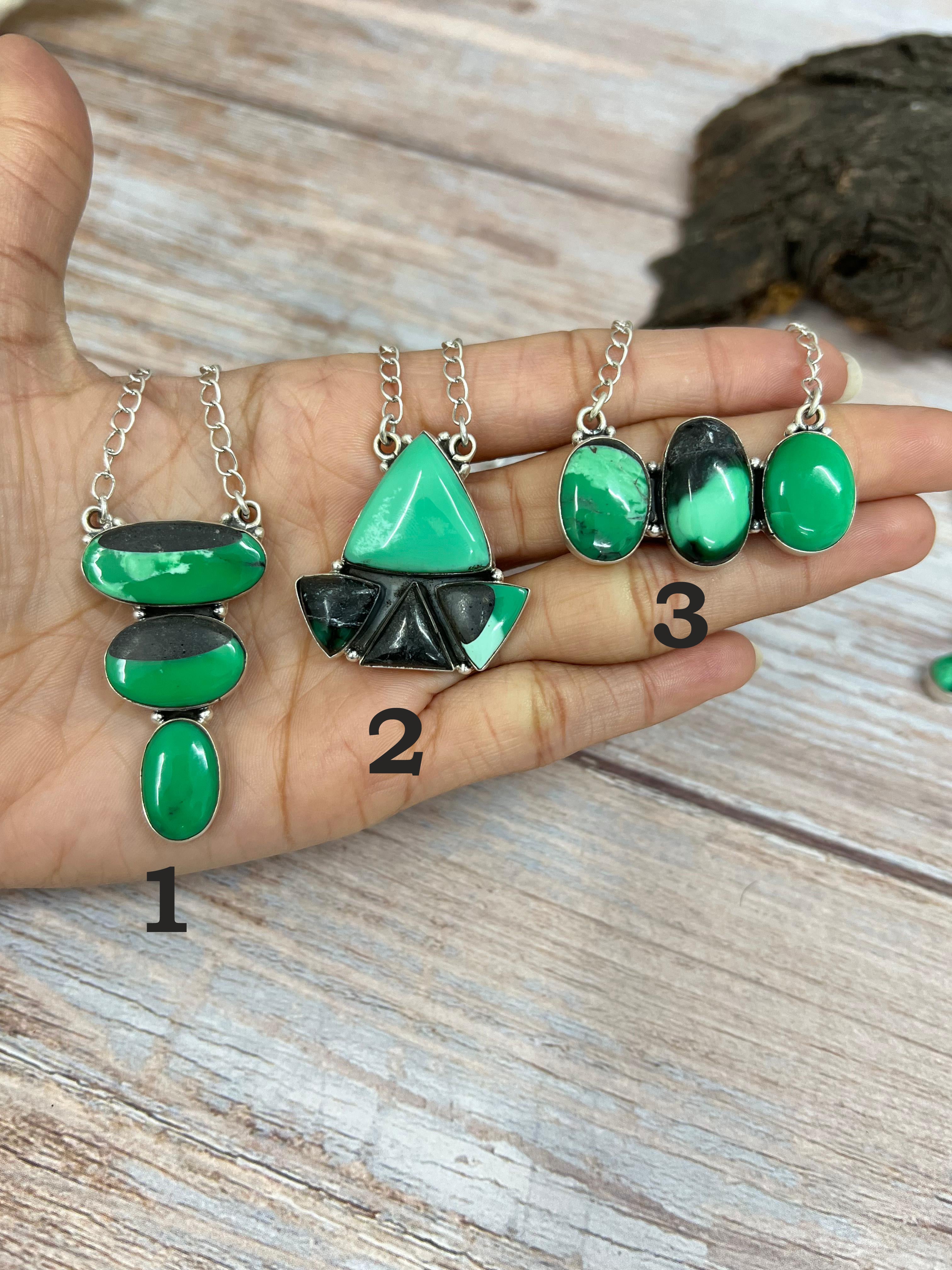 Handmade Sterling Silver Emerald Rose Necklace with Signed Nizhoni