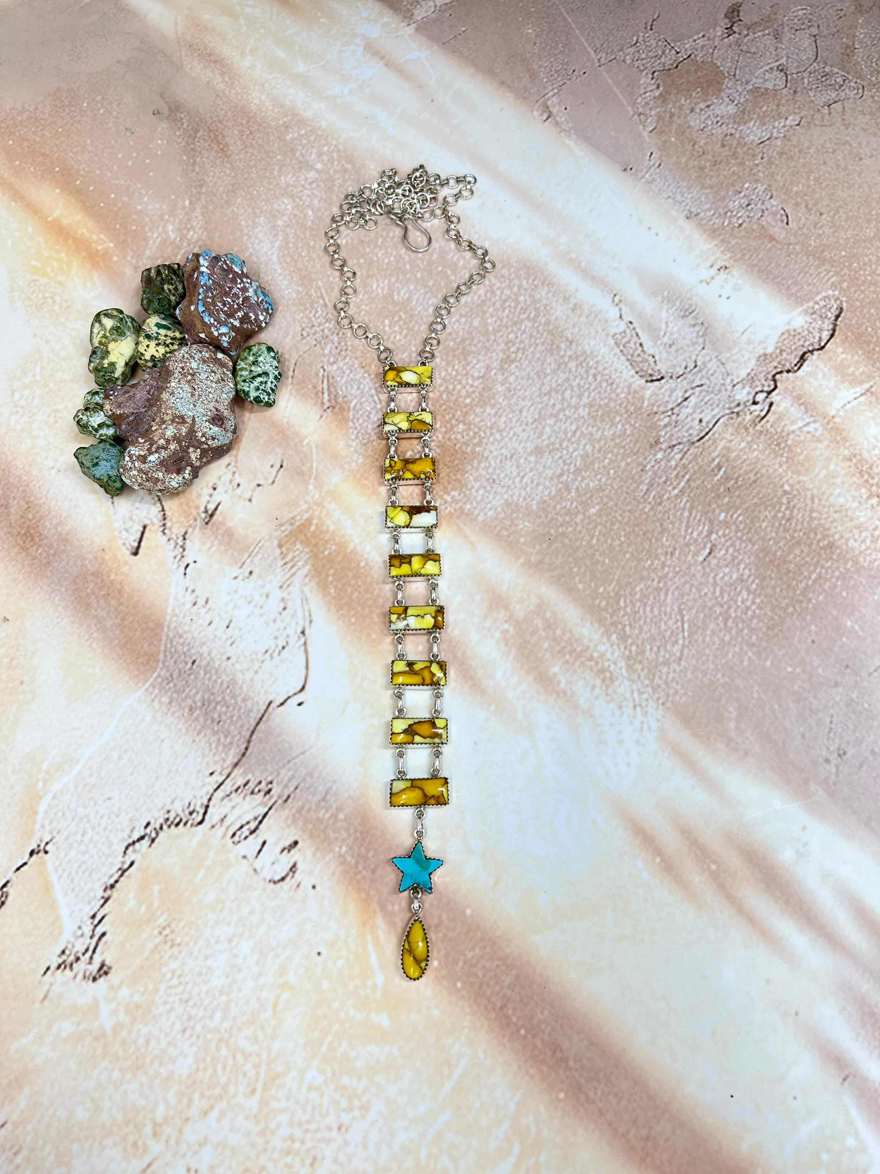 Handmade Sterling Silver Honey Dahlia with Kingman Turquoise Necklace with Signed Nizhoni