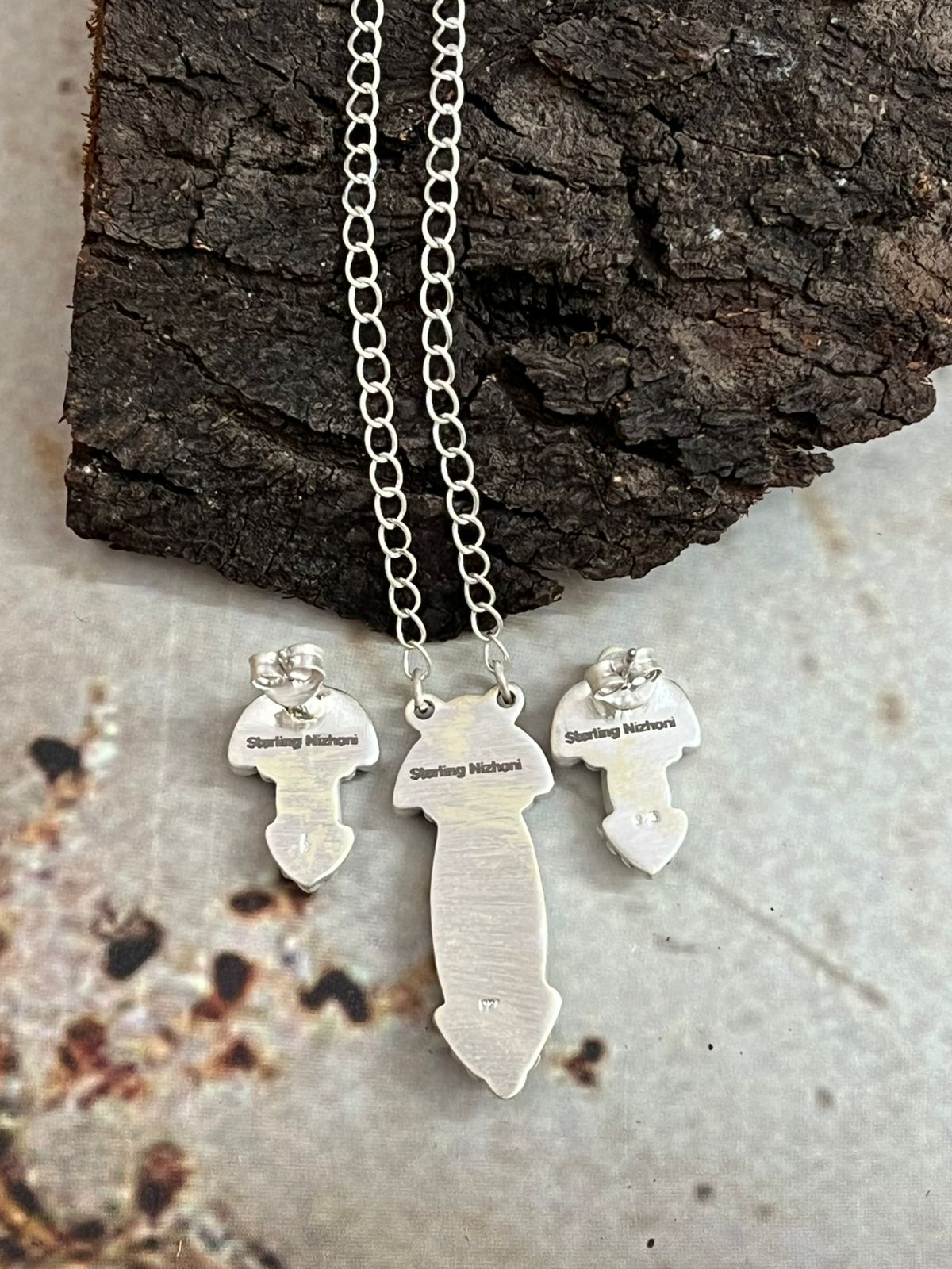 Handmade Sterling Silver White Buffalo with Kingman Necklace Earrings Set, Signed Nizhoni