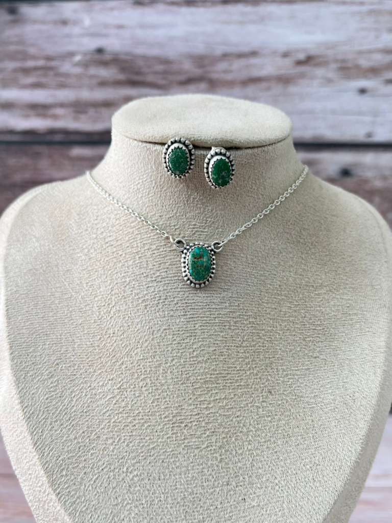 Handmade Sterling Silver Emerald Valley Turquoise Necklace Earrings Set with Signed Nizhoni (2)