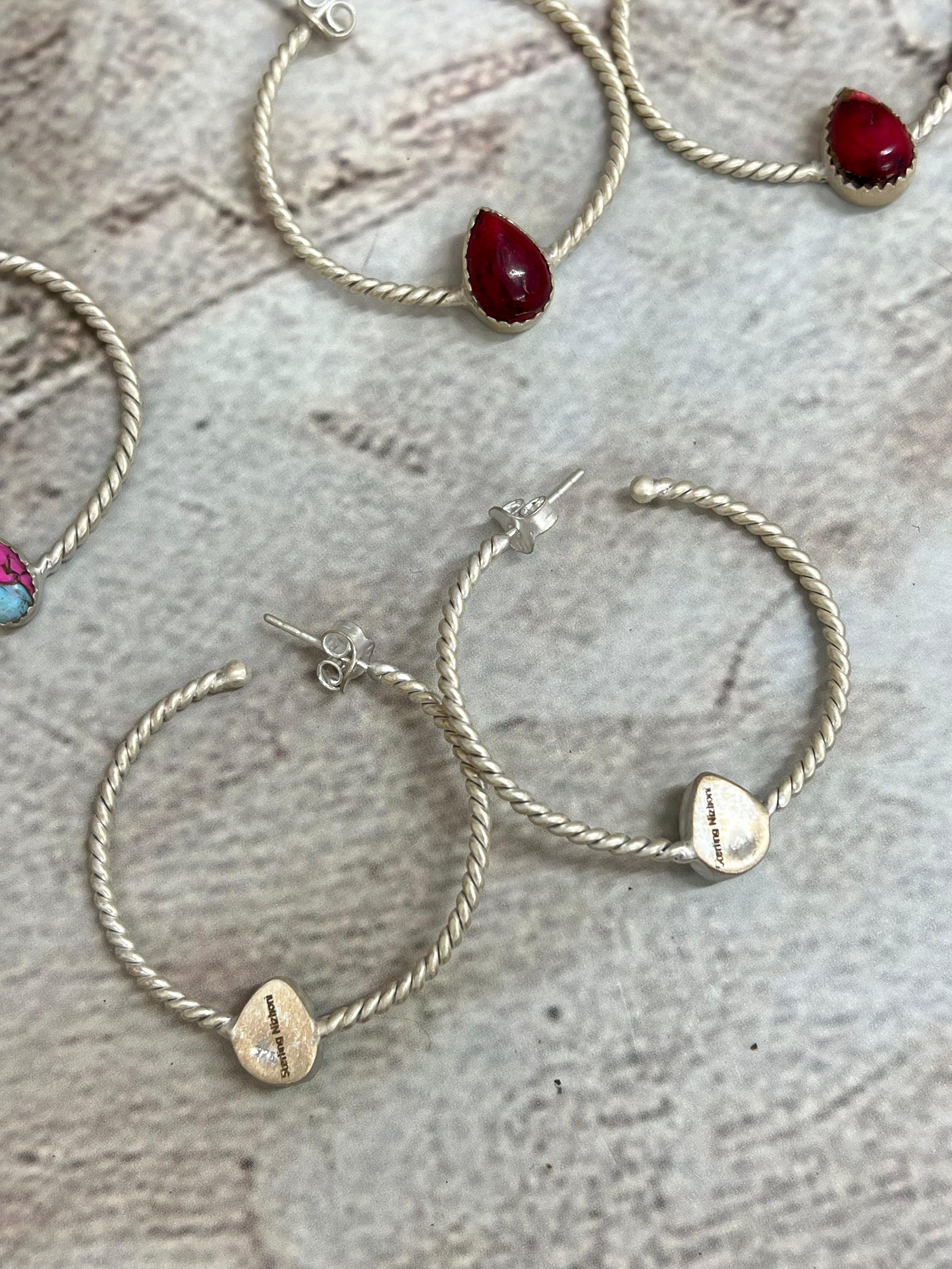 Handmade Sterling Silver Peacock Dahlia, Cotton Candy, Dahlia Rose Hoop Earrings, Signed Nizhoni