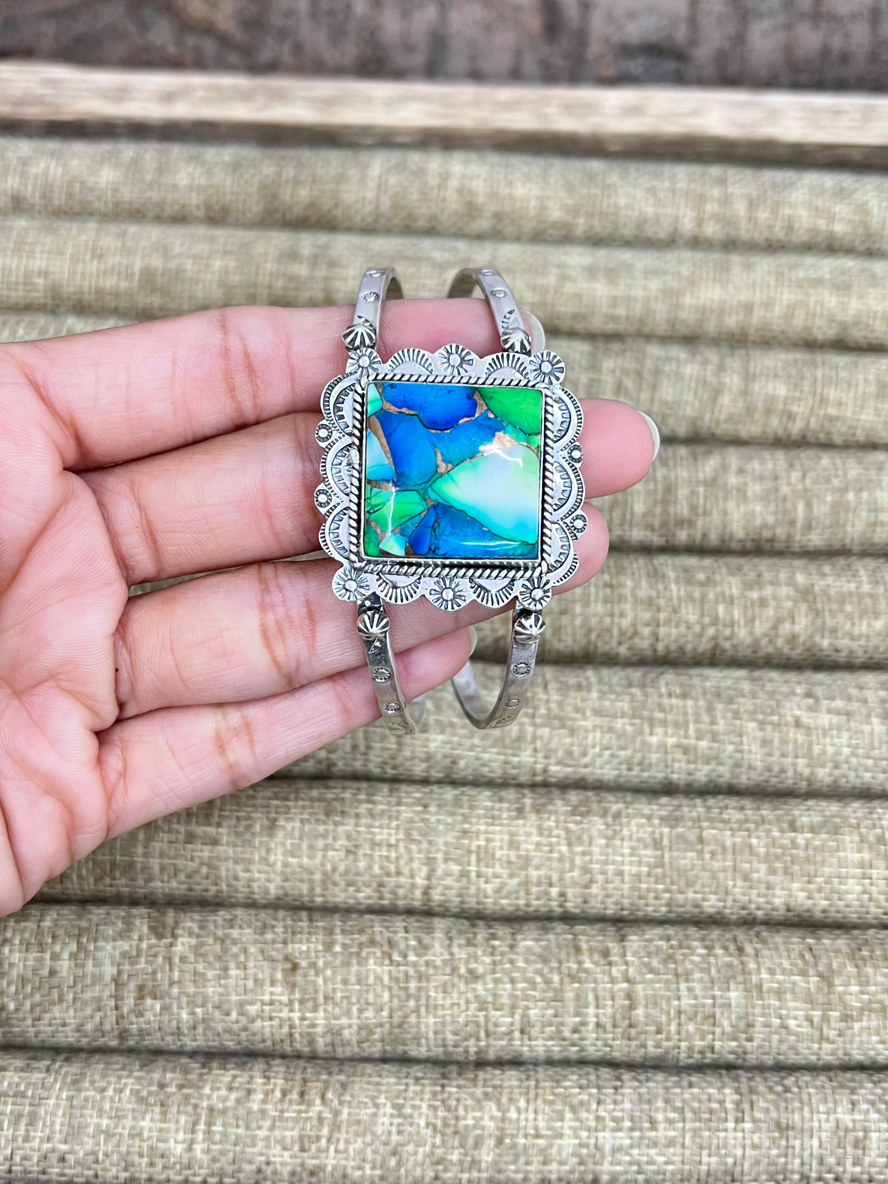 Handmade Sterling Silver Peacock Dahlia Cuff Bracelet with Signed Nizhoni