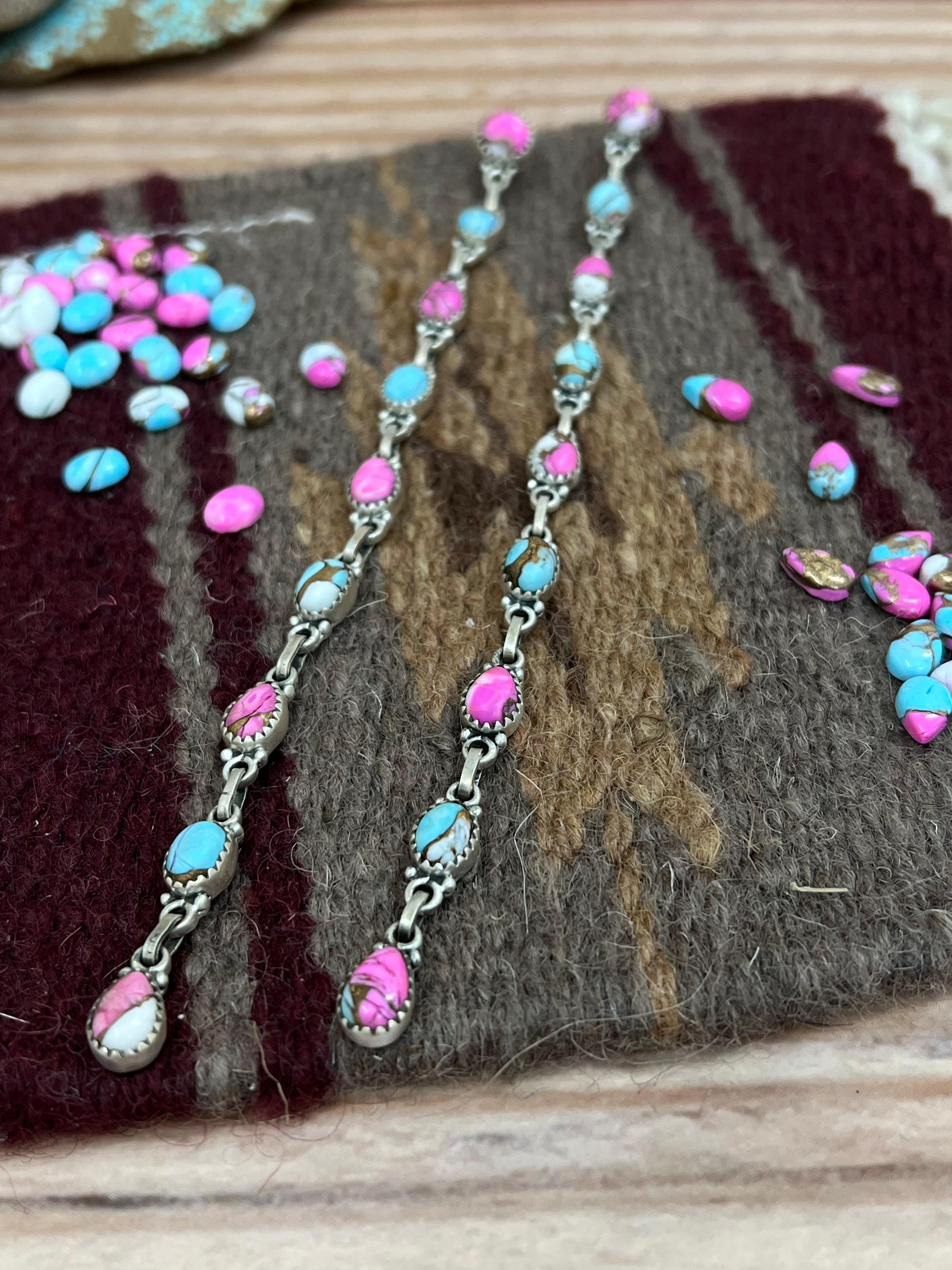 Handmade Sterling Silver Cotton Candy Turquoise Dangle Earrings with Signed Nizhoni