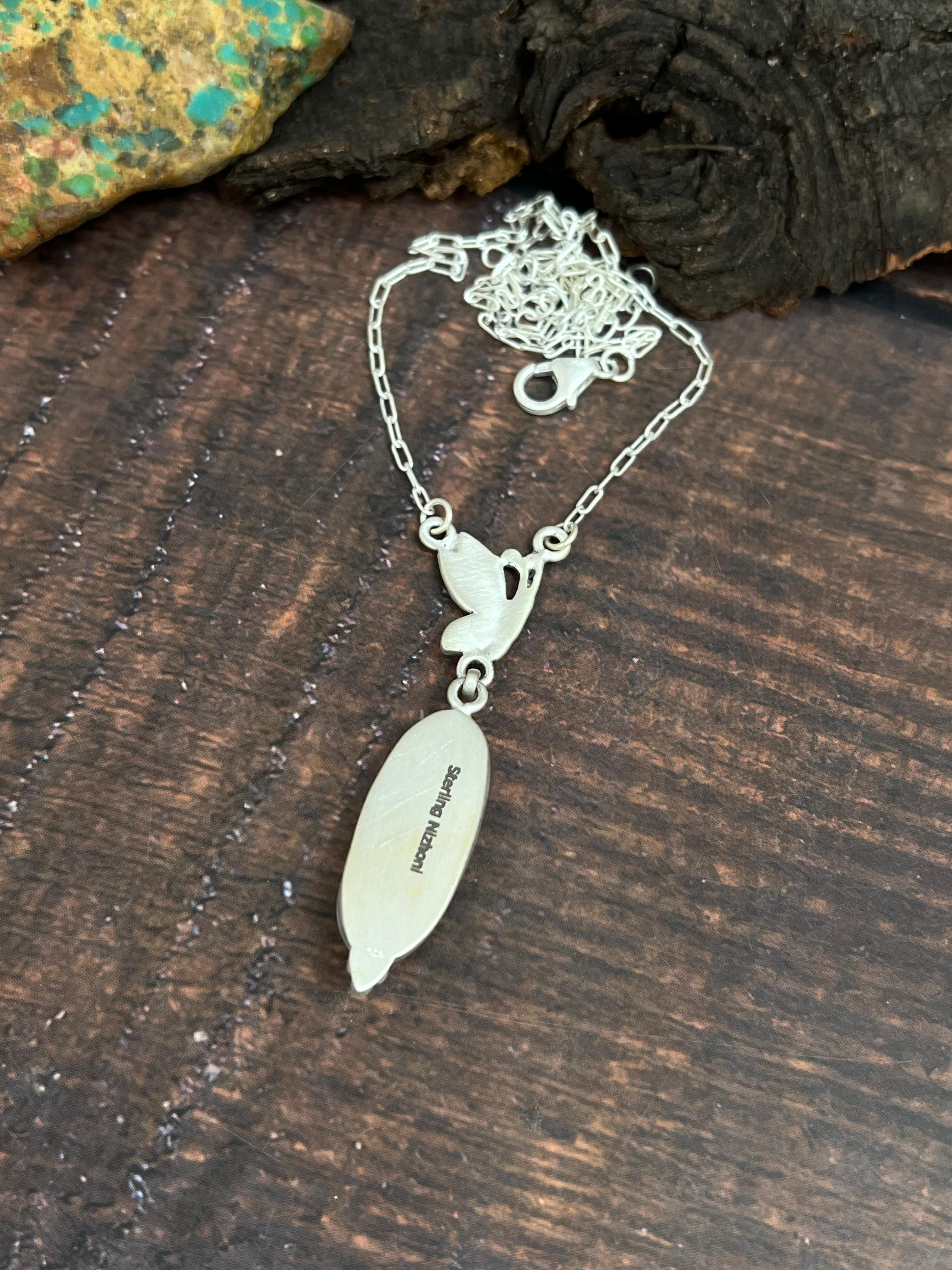 Handmade Sterling Silver Kingman Turquoise Necklace with Signed Nizhoni