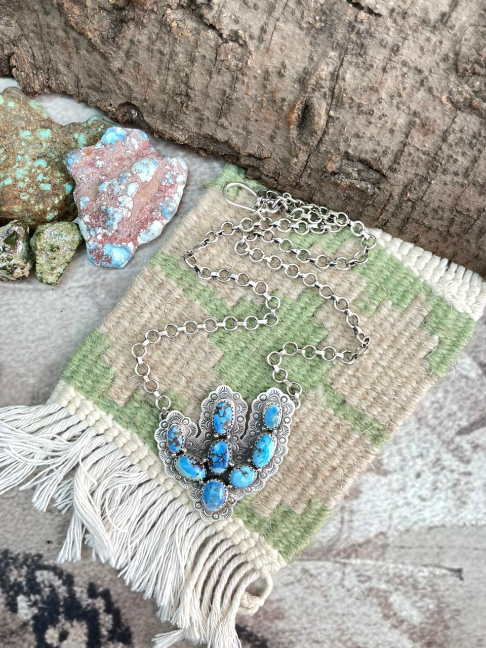 Handmade Sterling Silver Golden Hills Turquoise Cactus Necklace "Signed Nizhoni"