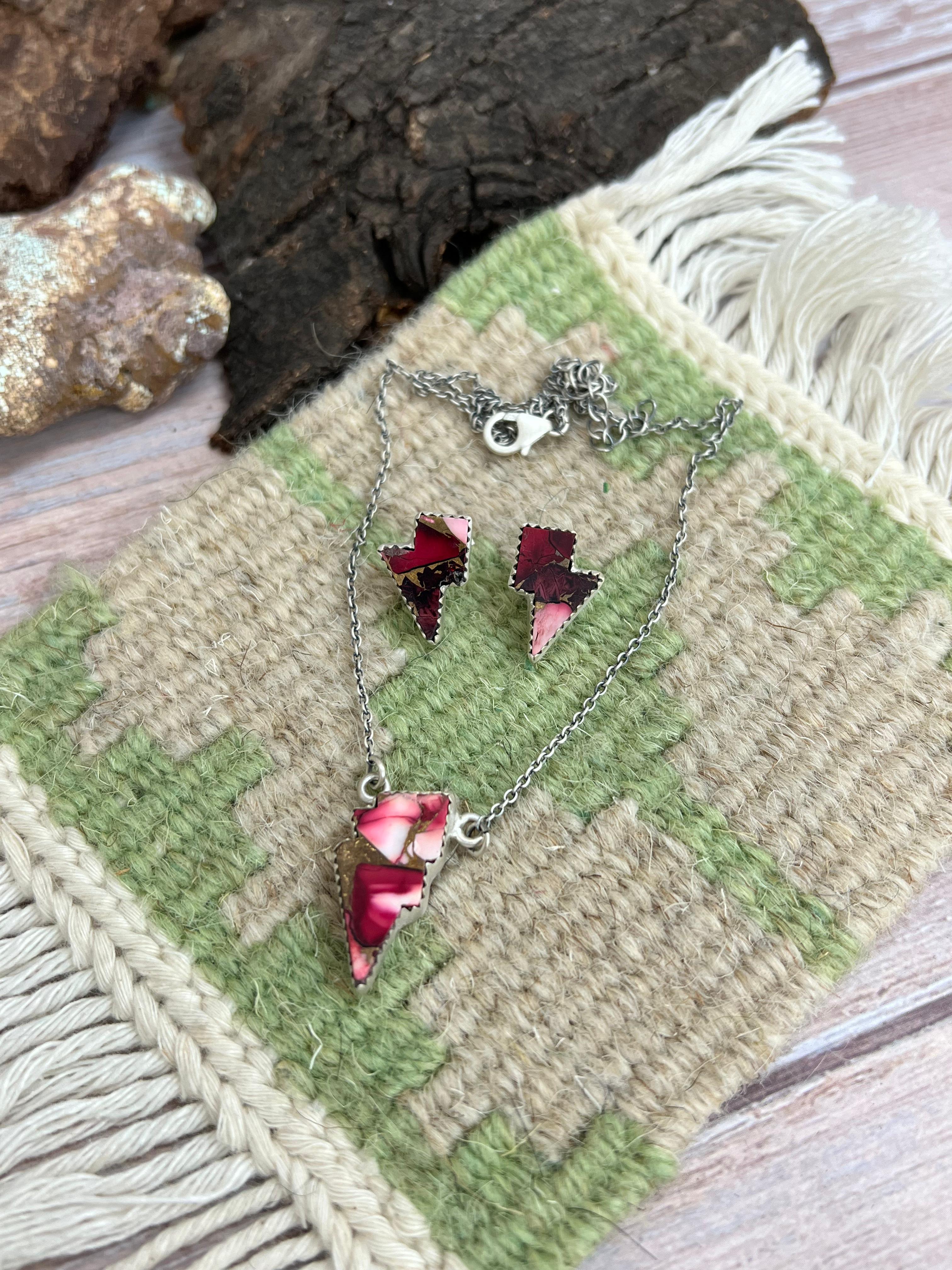 Handmade Sterling Silver Dahlia Rose Lightning Bolt Necklace Earrings Set, Signed Nizhoni (9)