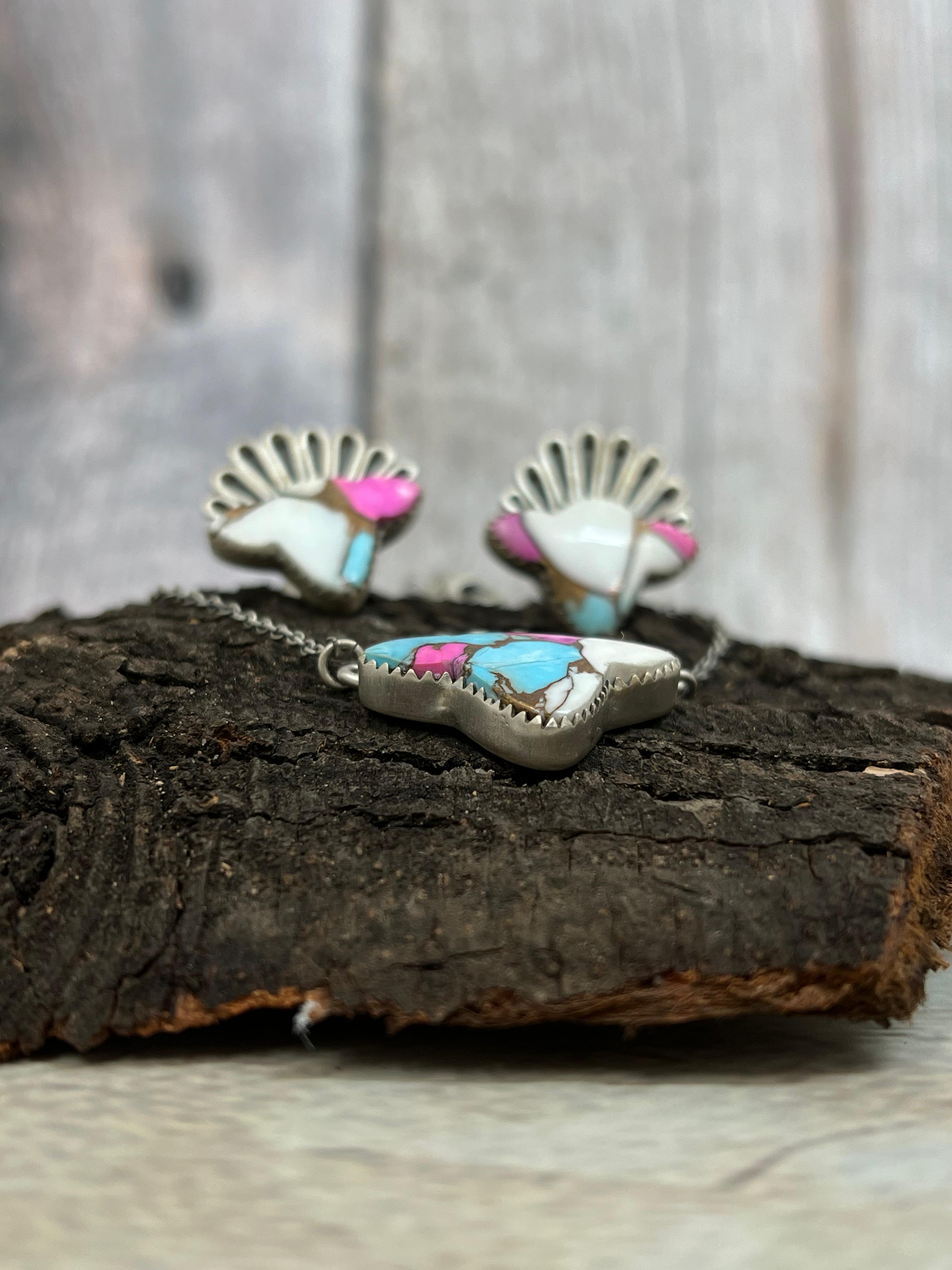 Handmade Sterling Silver Cotton Candy Turquoise Bull Necklace Earrings Set, Signed Nizhoni