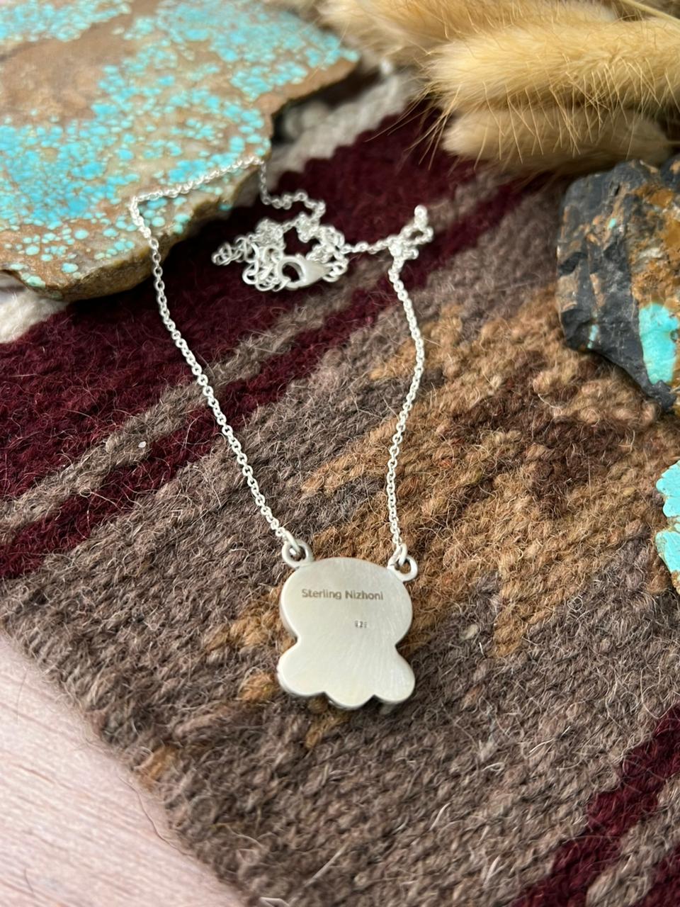 Handmade Sterling Silver Royston Ribbon with Number 8 Turquoise Necklace "Signed Nizhoni"