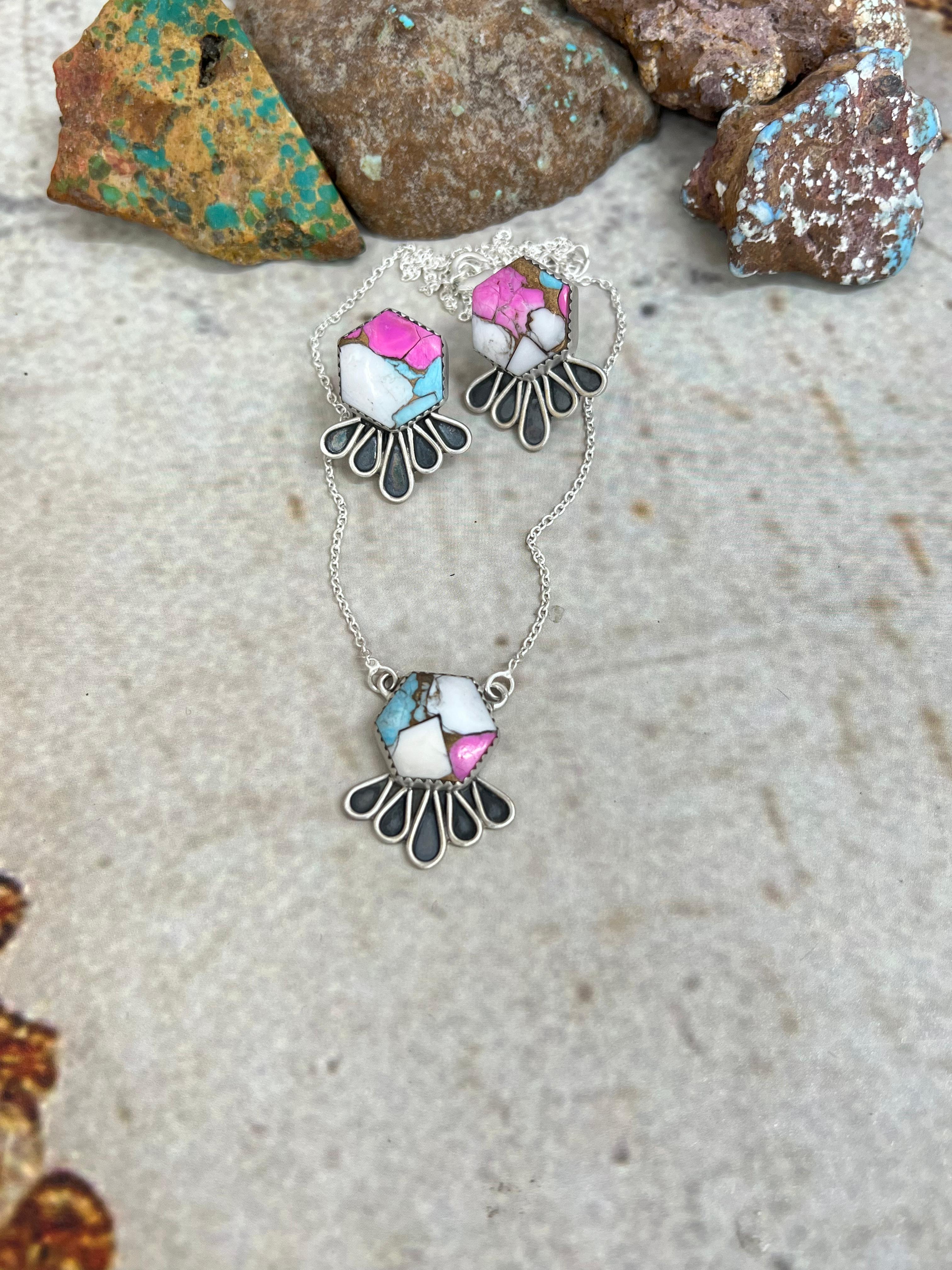 Handmade Sterling Silver Cotton Candy Necklace Earrings Set Signed Nizhoni (5)