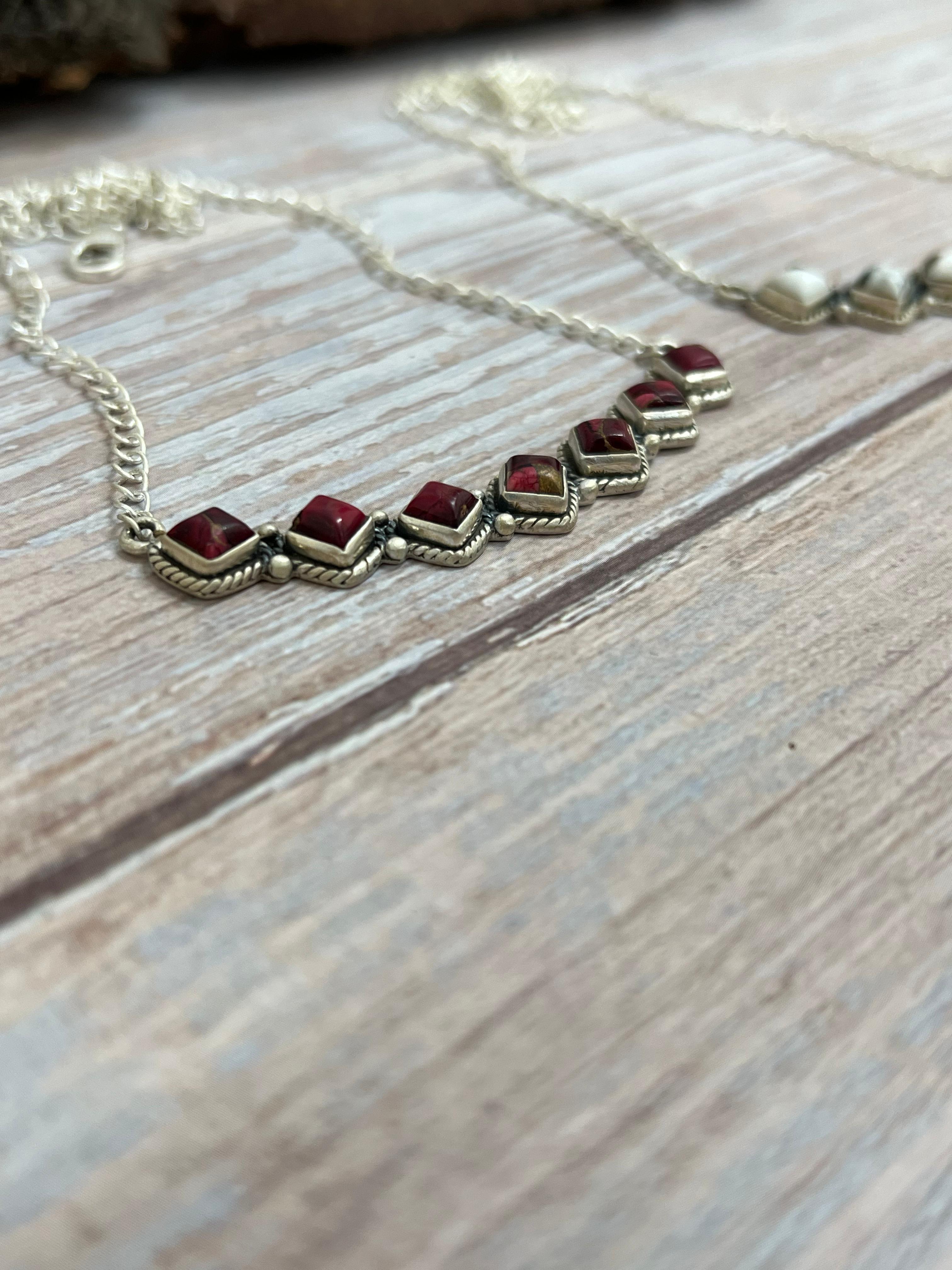 Handmade Sterling Silver White Buffalo, Dahlia Rose Necklace with Signed Nizhoni