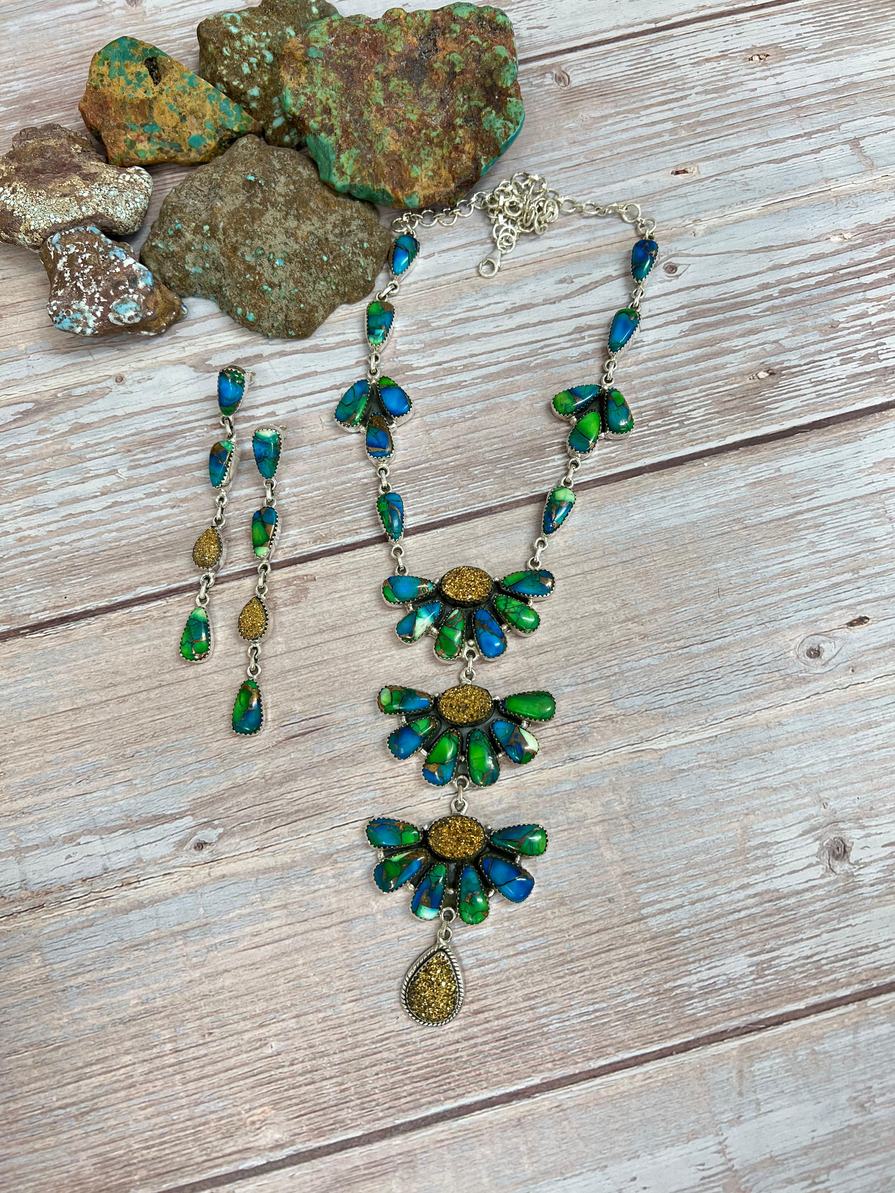 Handmade Sterling Silver Peacock Dahlia with Druzy Necklace Earrings Set with Signed Nizhoni