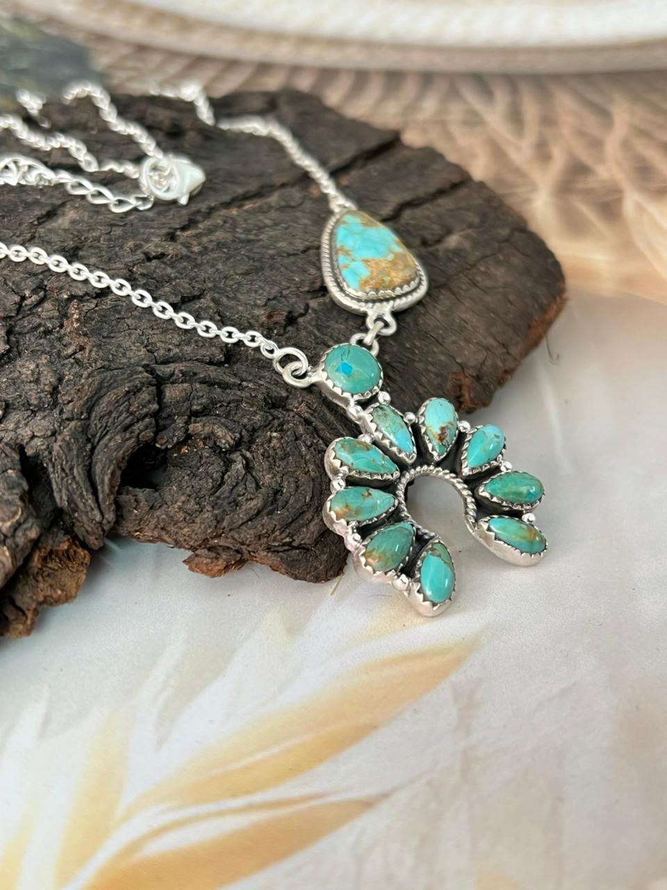 Handmade Sterling Silver Kingman with Number 8 Turquoise Necklace "Signed Nizhoni"