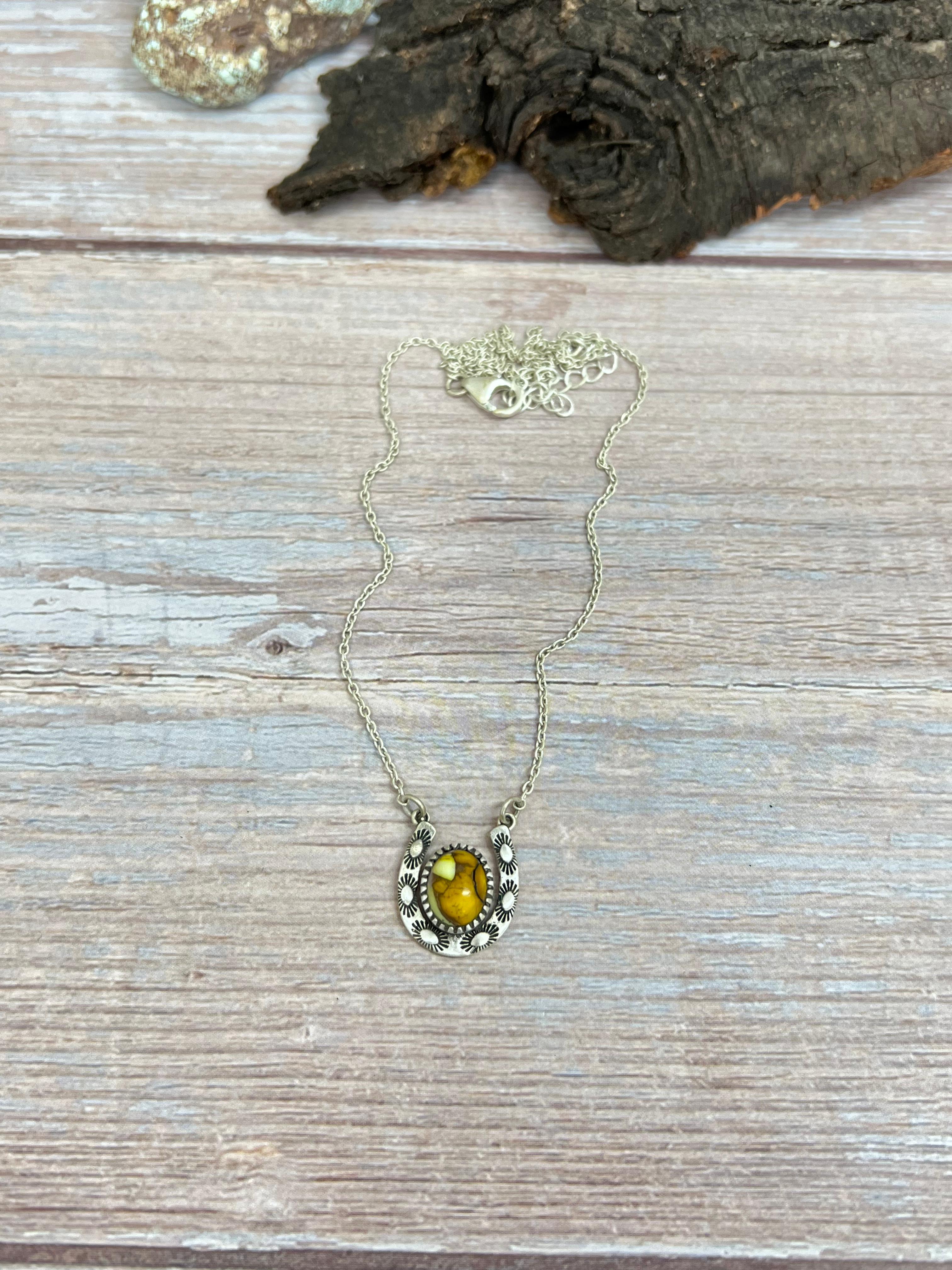 Handmade Sterling Silver Honey Dahlia Horse Shoe Necklace with Signed Nizhoni