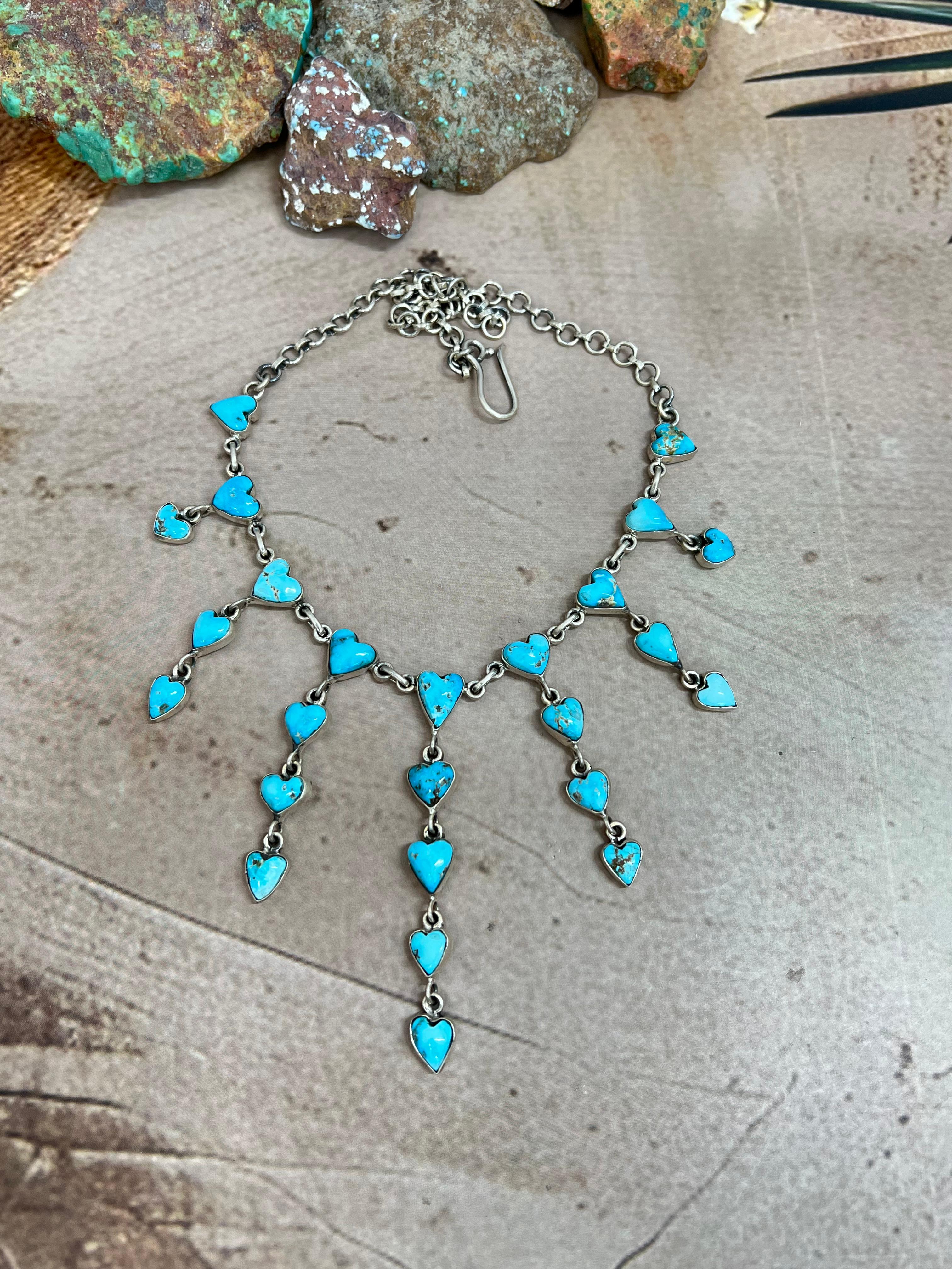 Handmade Sterling Silver Blue Bird Turquoise Necklace with Signed Nizhoni