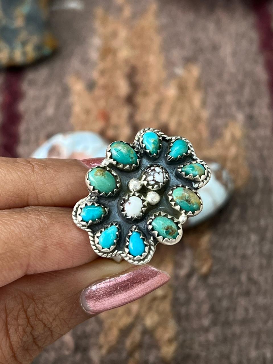 Handmade Sterling Silver Kingman Turquoise with Wildhorse Magnesite Adjustable Ring "Signed Nizhoni"