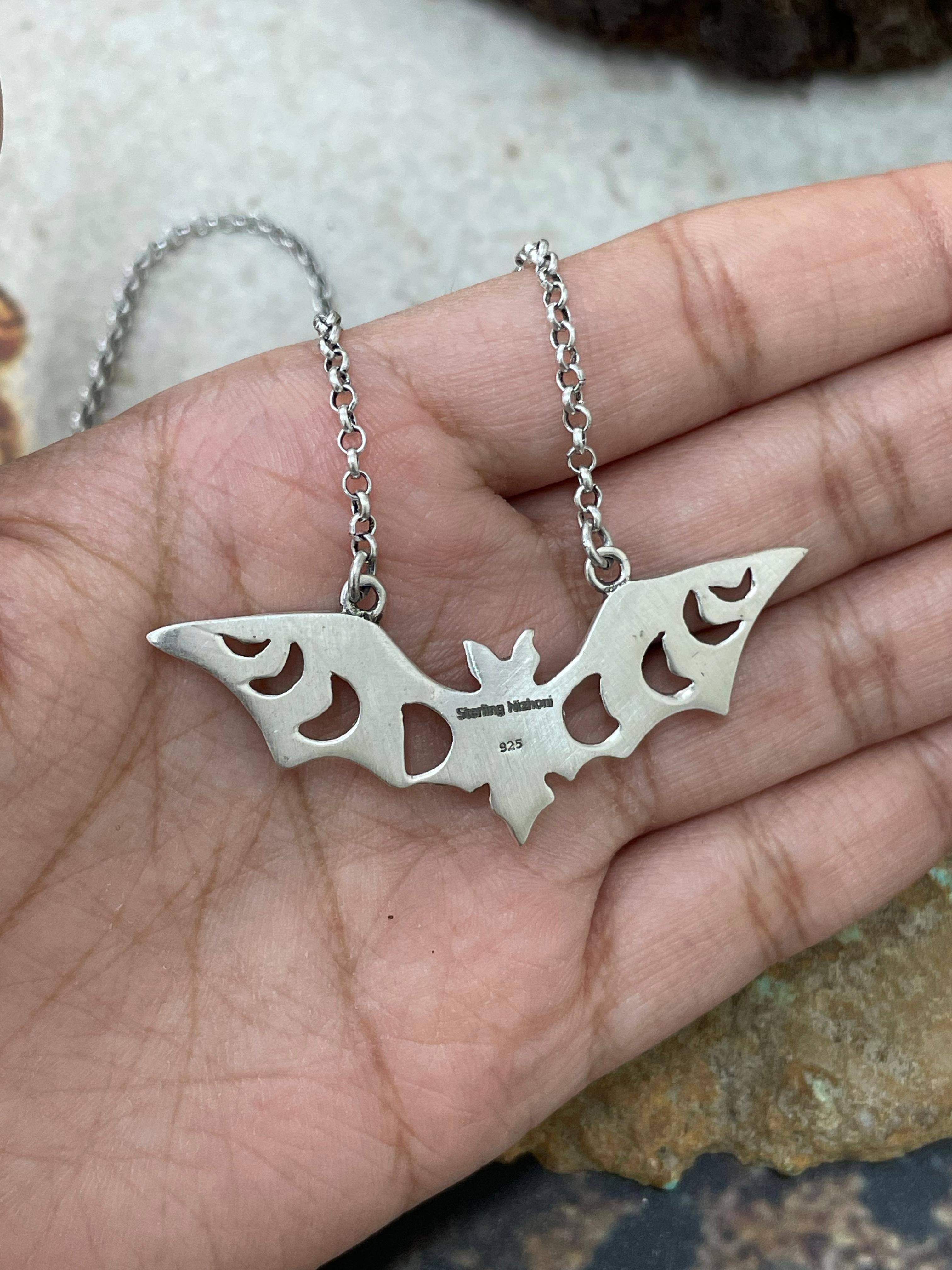 "Halloween Collection" Handmade Sterling Silver Black Onyx Bat Necklace with Signed Nizhoni