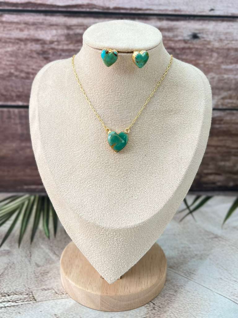“The Golden Collection” Handmade Gold Plated Kingman Turquoise Necklace Earrings HEART Set Stamped .925