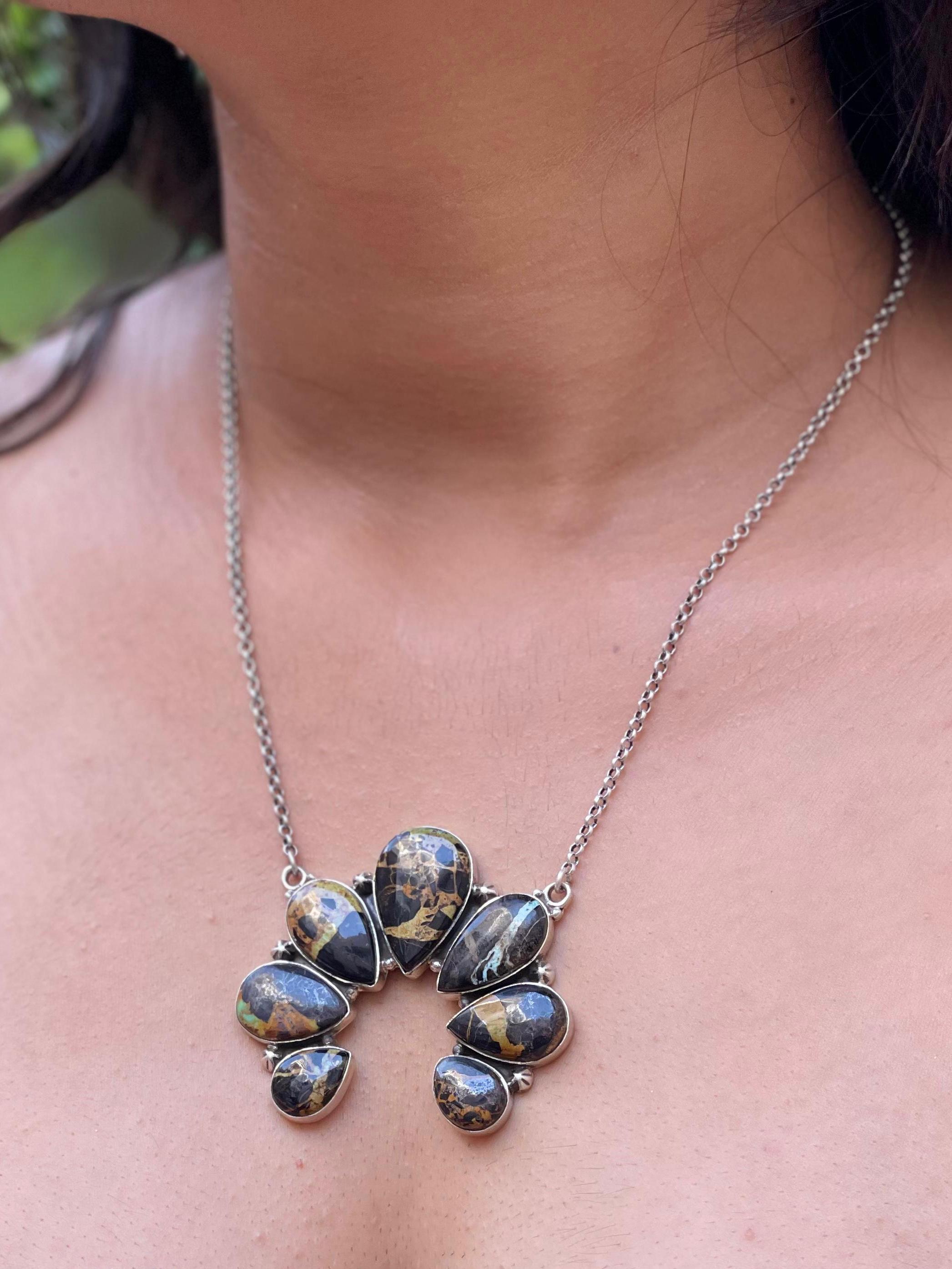 Handmade Sterling Silver Black Jack Naja Necklace with Signed Nizhoni