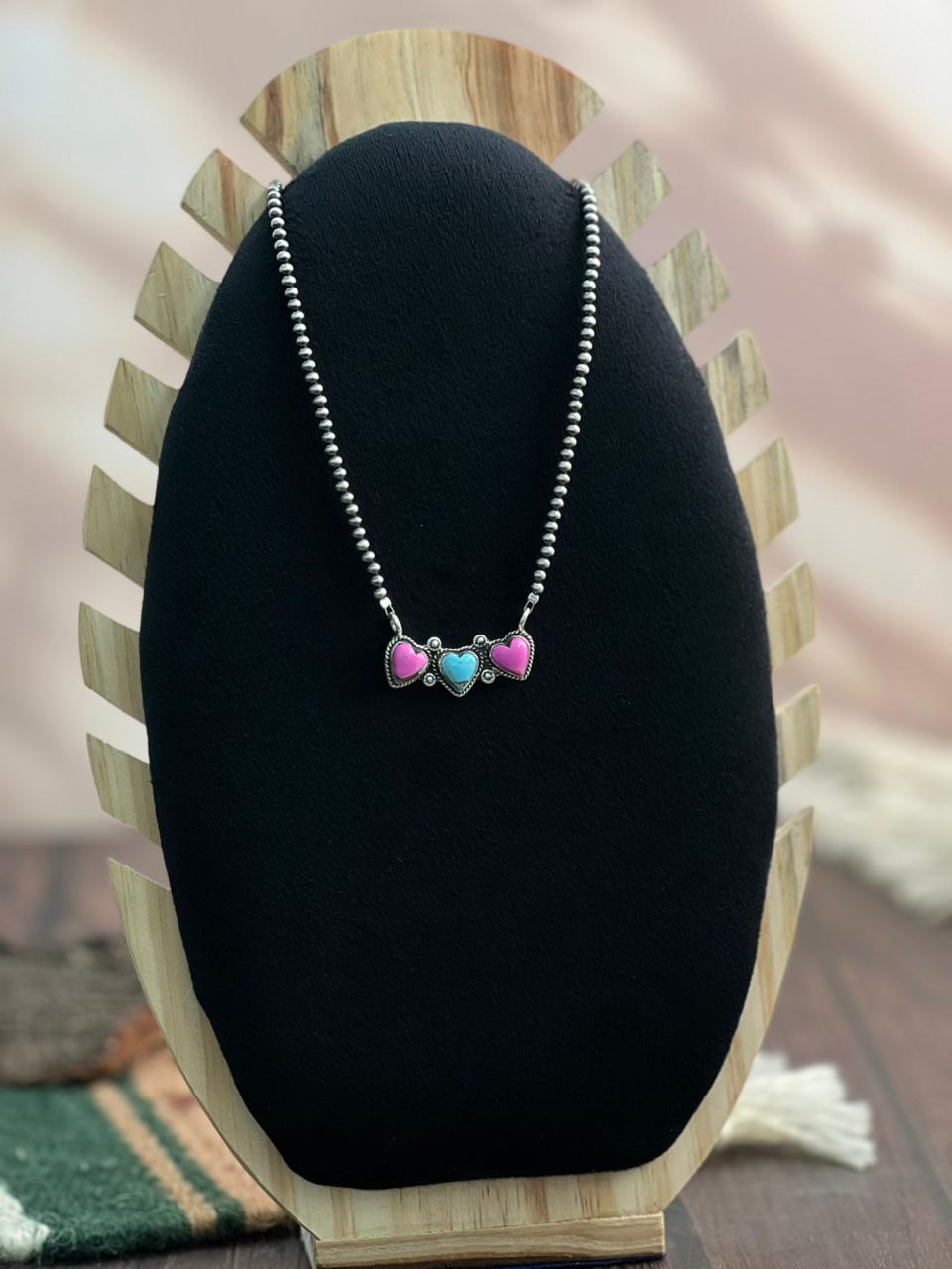 "Heart Collection" Handmade Sterling Silver Beaded Cotton Candy Necklace "Signed Nizhoni"