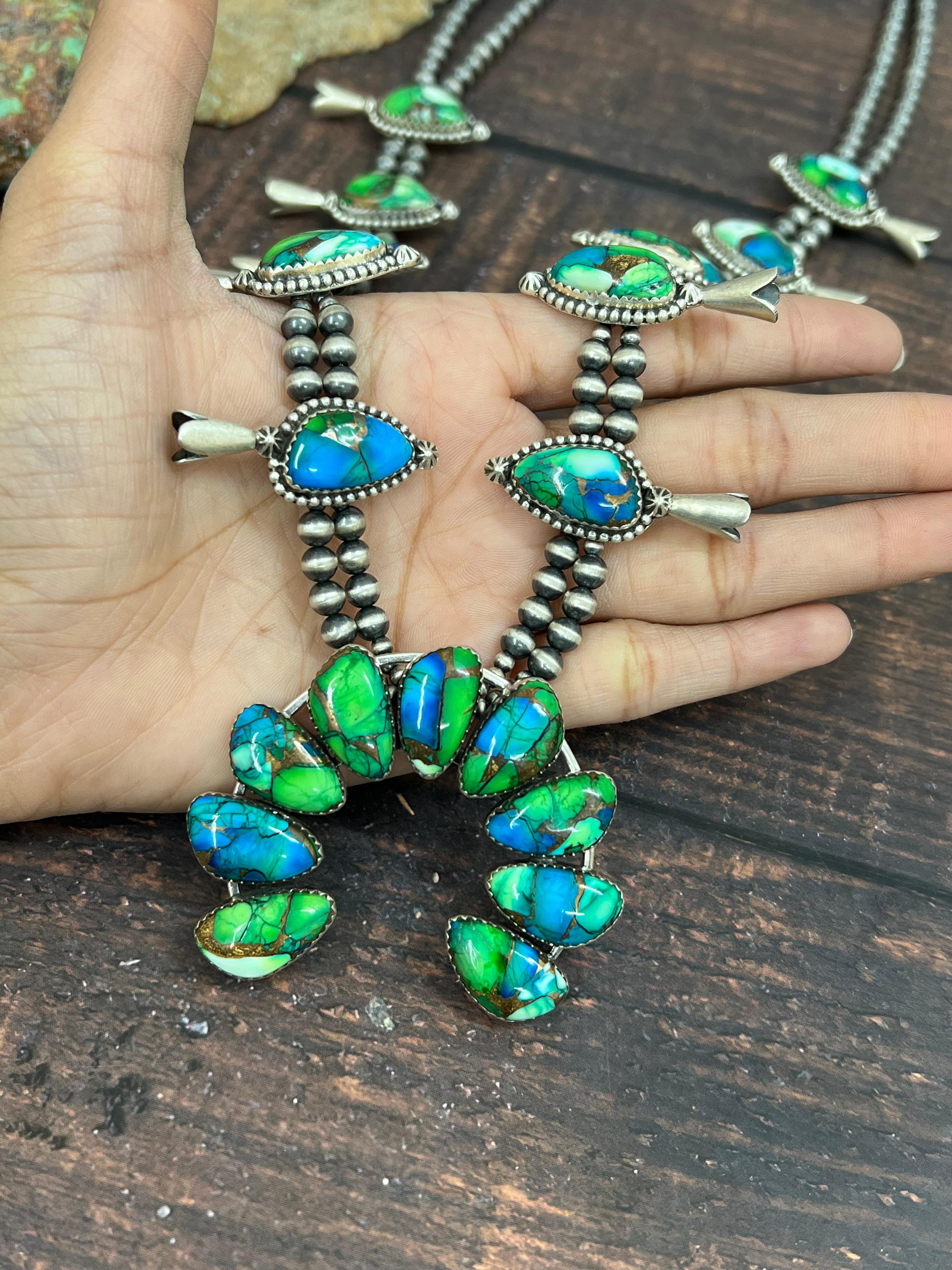 Handmade Sterling Silver Peacock Dahlia Beaded Necklace with Signed Nizhoni