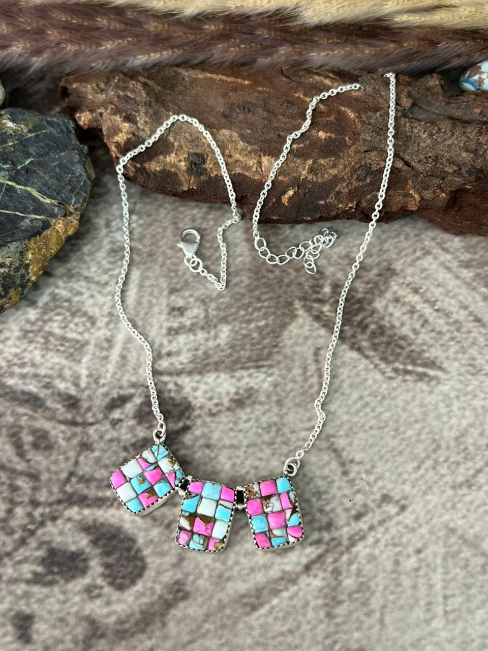 Handmade Sterling Silver Cotton Candy Cobble Stone Necklace "Signed Nizhoni"