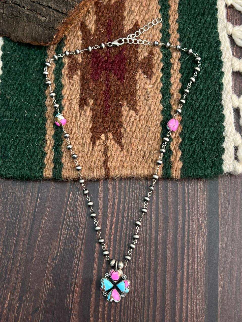 "Heart Collection" Handmade Sterling Silver Cotton Candy Necklace with Beads Chain "Signed Nizhoni"