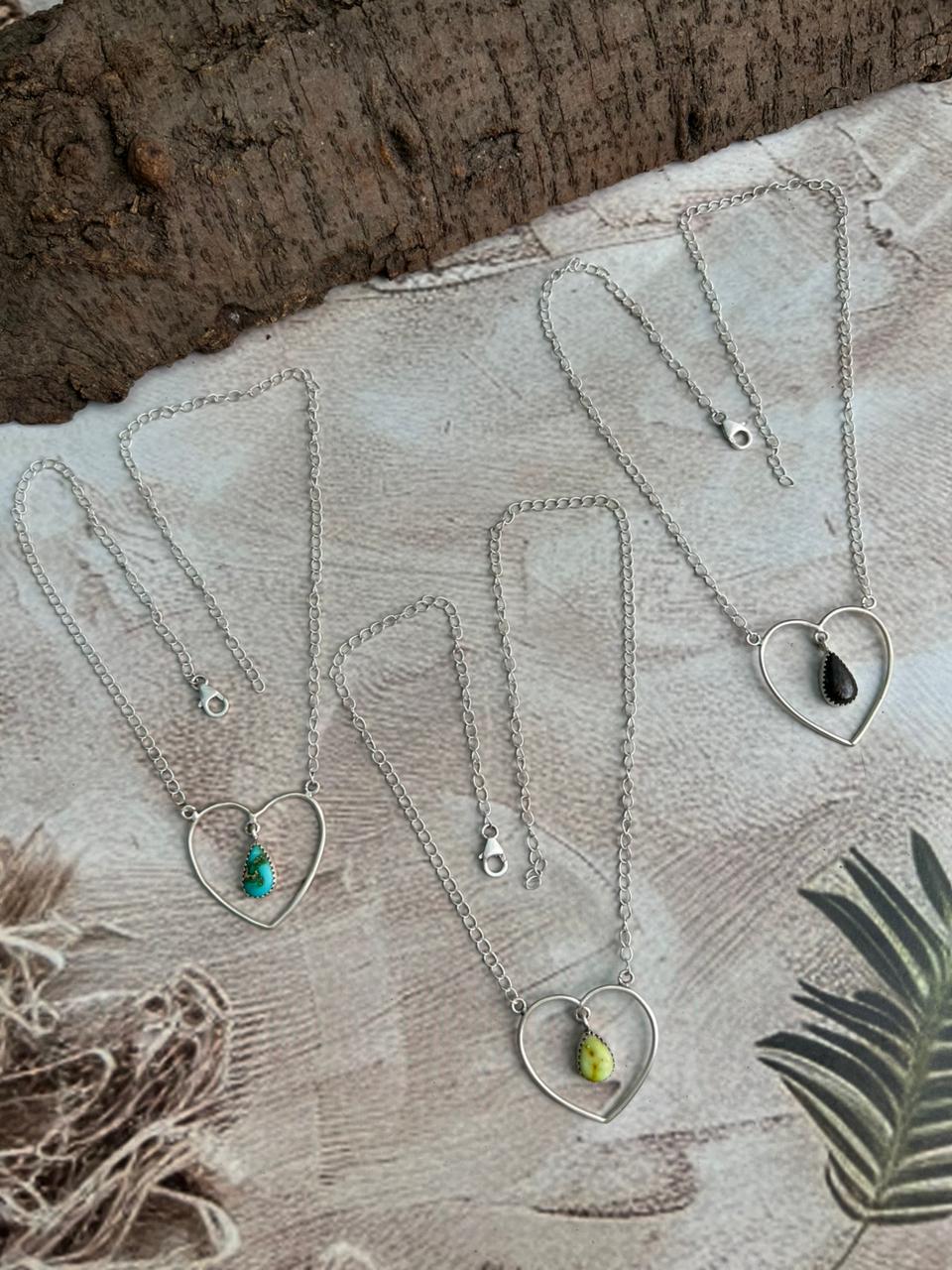 Handmade Sterling Silver Multi Stone Heart Shape Necklace "Signed Nizhoni"