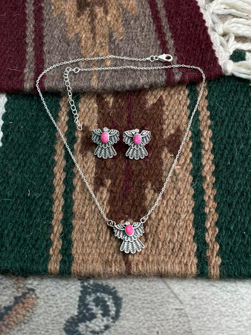 Handmade Sterling Silver Hot Pink Necklace Earrings Set "Signed Nizhoni"