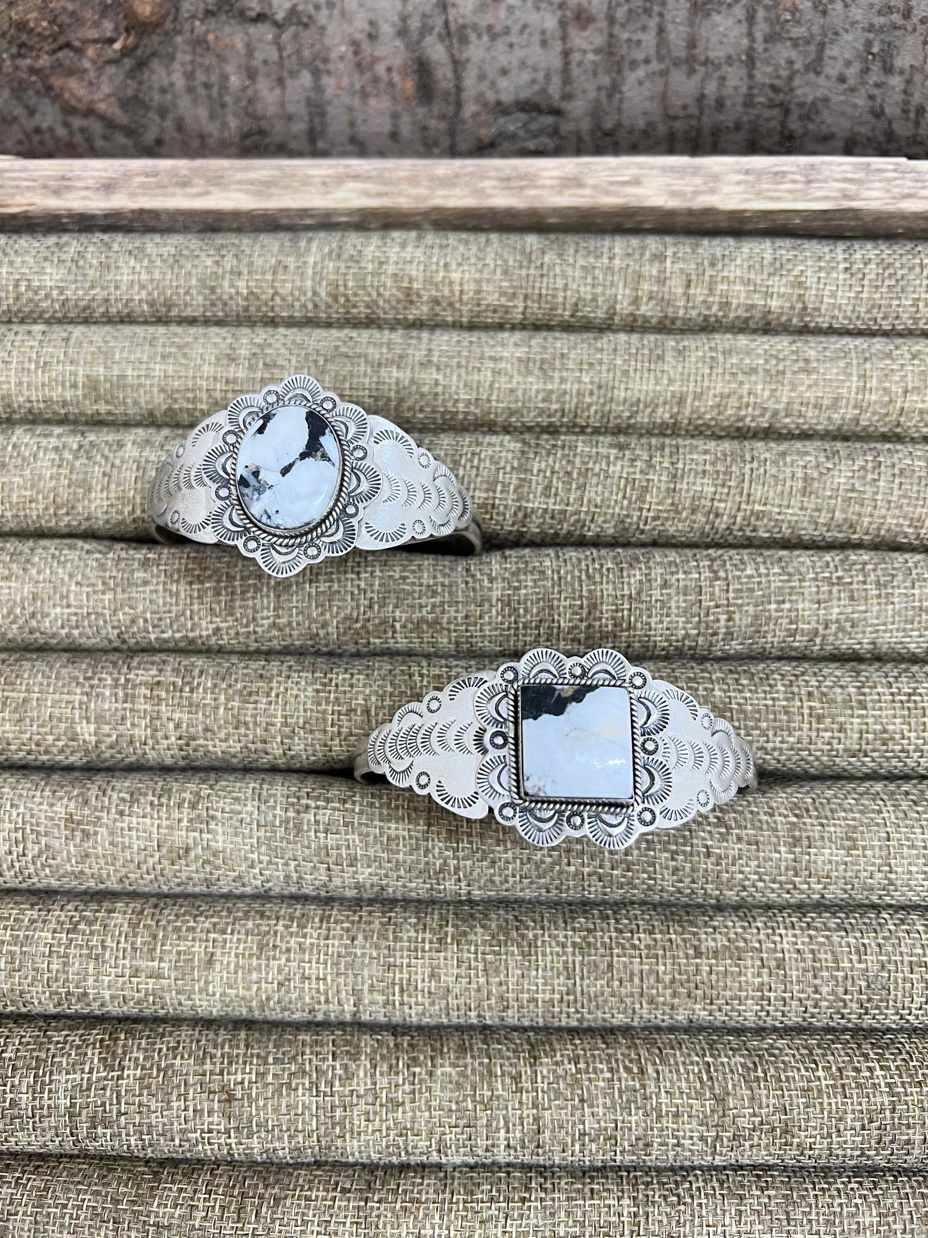 Handmade Sterling Silver White Buffalo Turquoise Cuff Bracelet with Signed Nizhoni