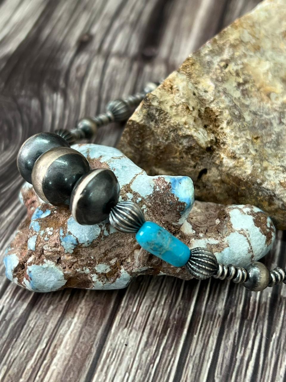 Handmade Sterling Silver Beaded Kingman Turquoise Necklace (7)