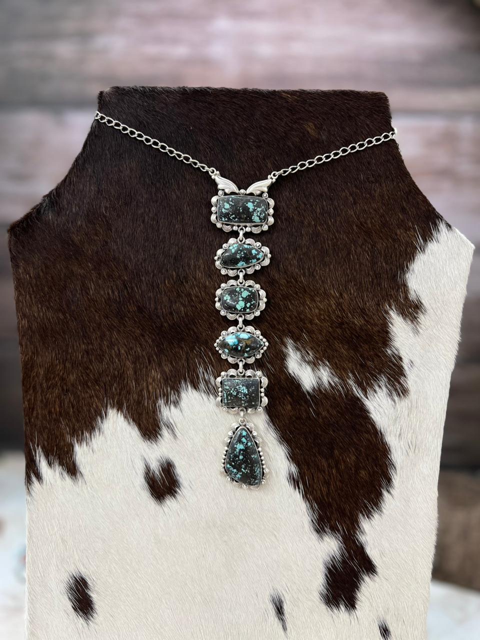 Handmade Sterling Silver Lander Turquoise Necklace with Signed Nizhoni