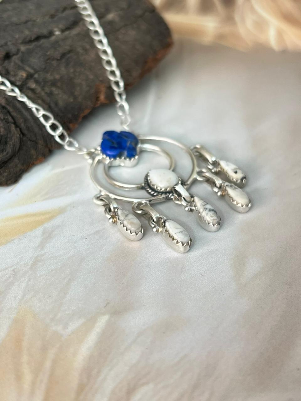 Handmade Sterling Silver White Buffalo with Lapis Necklace "Signed Nizhoni"