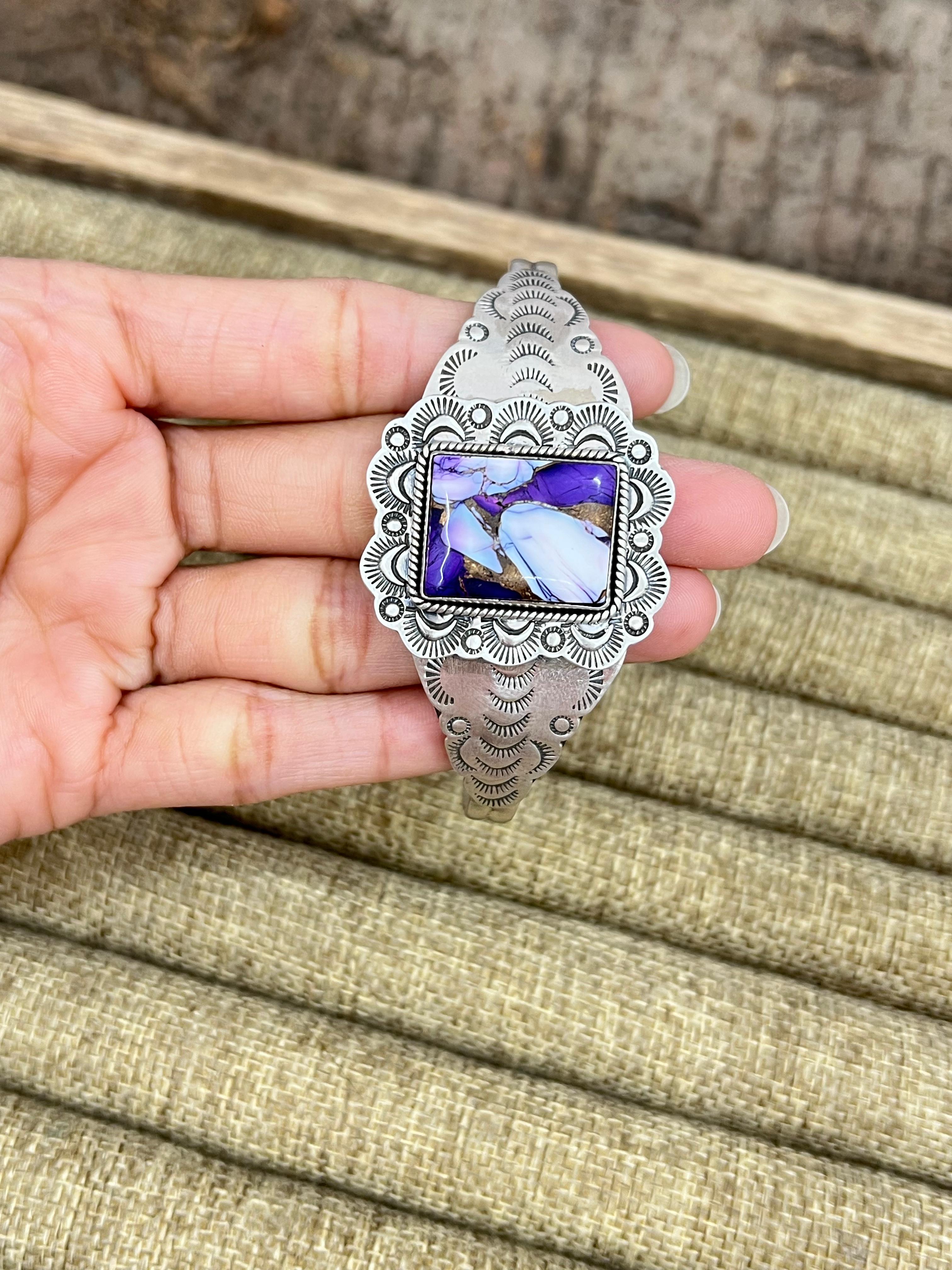 Handmade Sterling Silver Purple Ice Rose Dahlia Cuff Bracelet with Signed Nizhoni