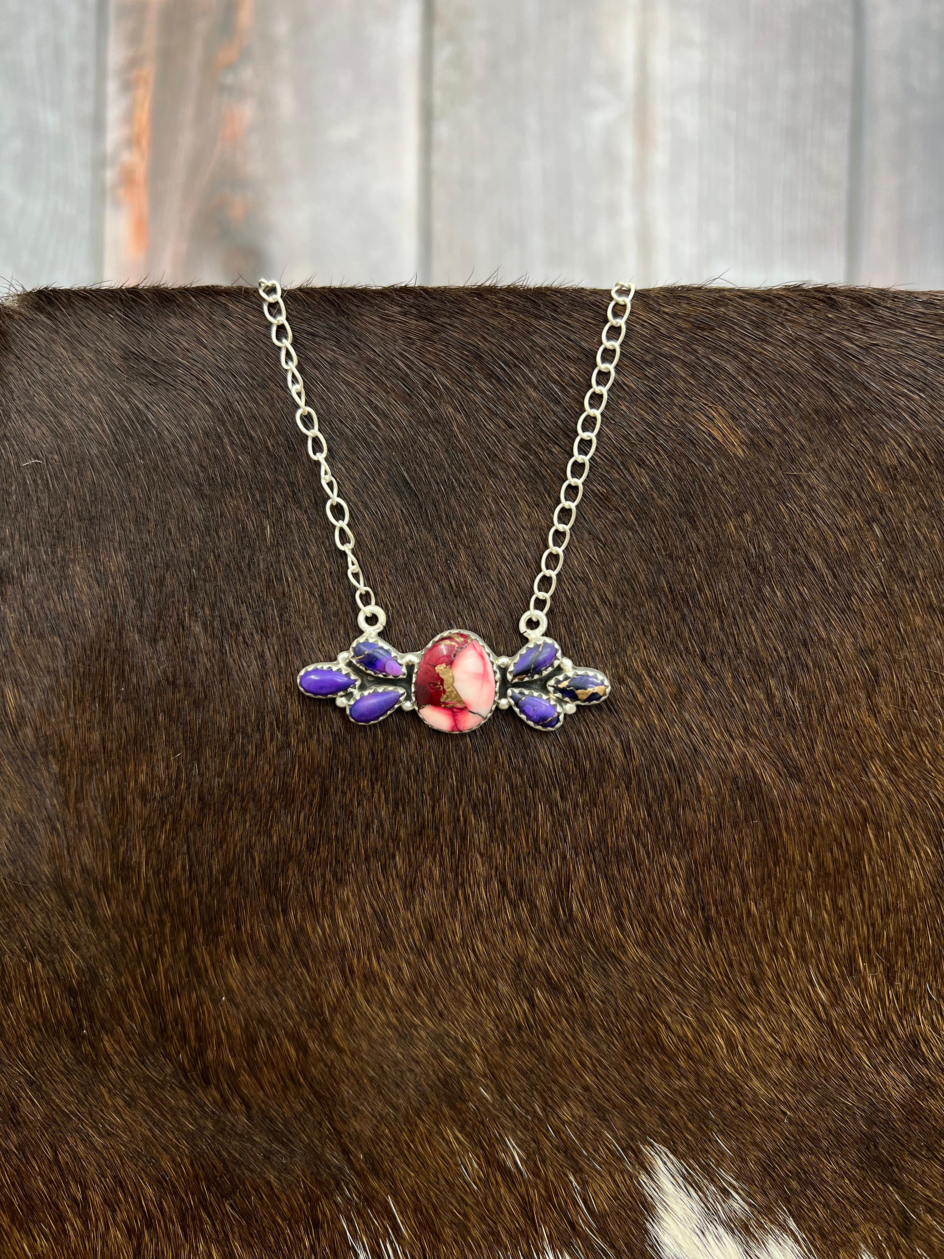 Handmade Sterling Silver Grape Dahlia with Dahlia Rose Necklace with Signed Nizhoni